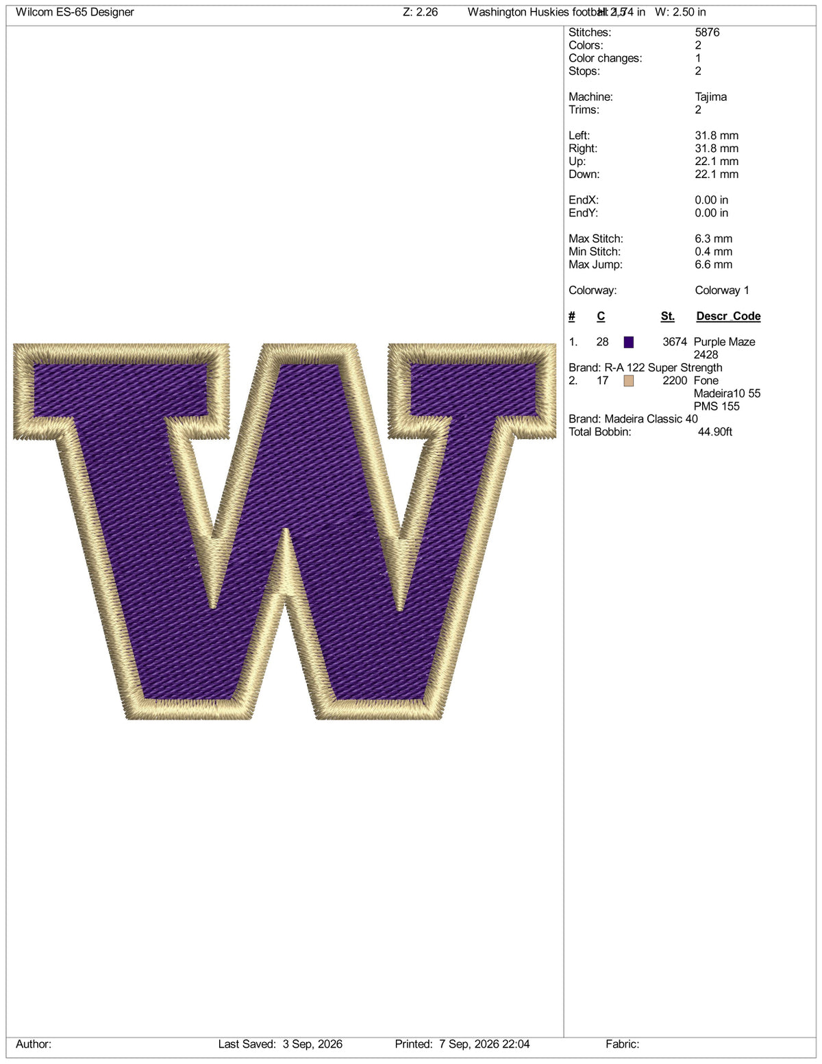 Washington Huskies Football Logo Embroidery Design Files - 3 Size's