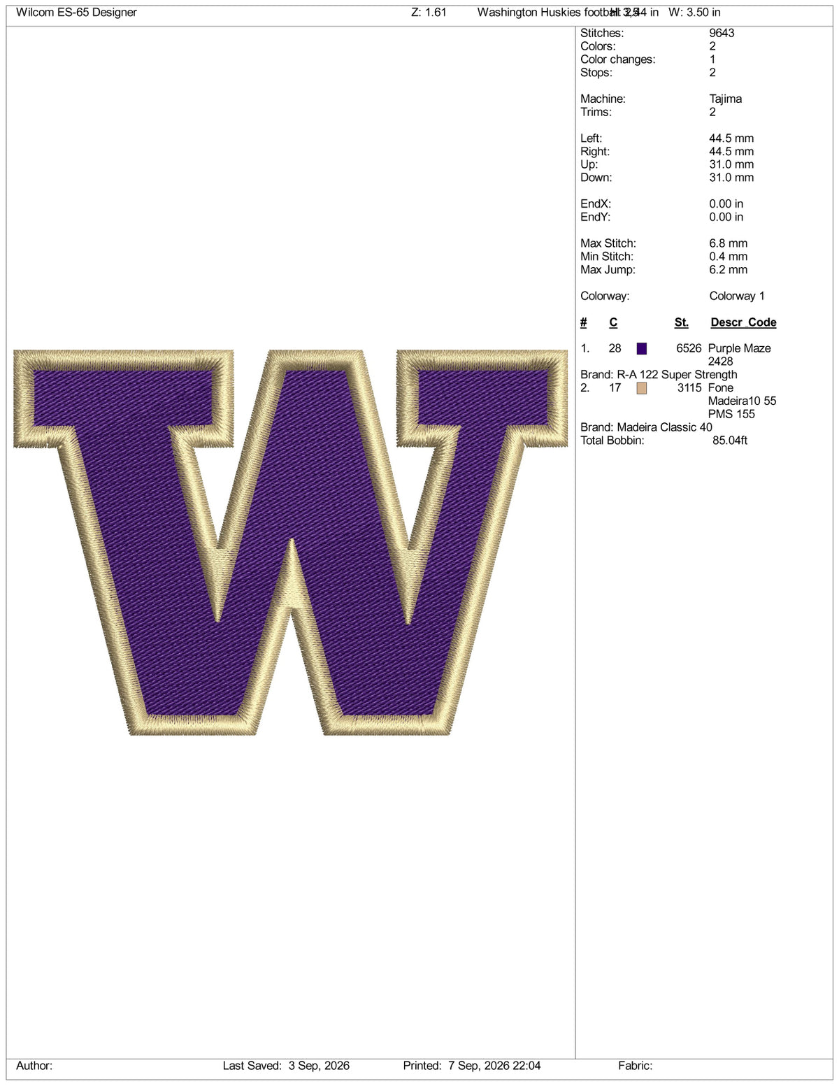 Washington Huskies Football Logo Embroidery Design Files - 3 Size's