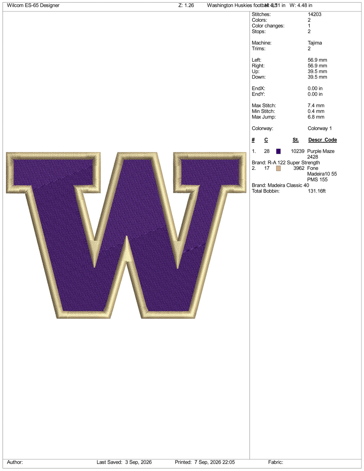 Washington Huskies Football Logo Embroidery Design Files - 3 Size's