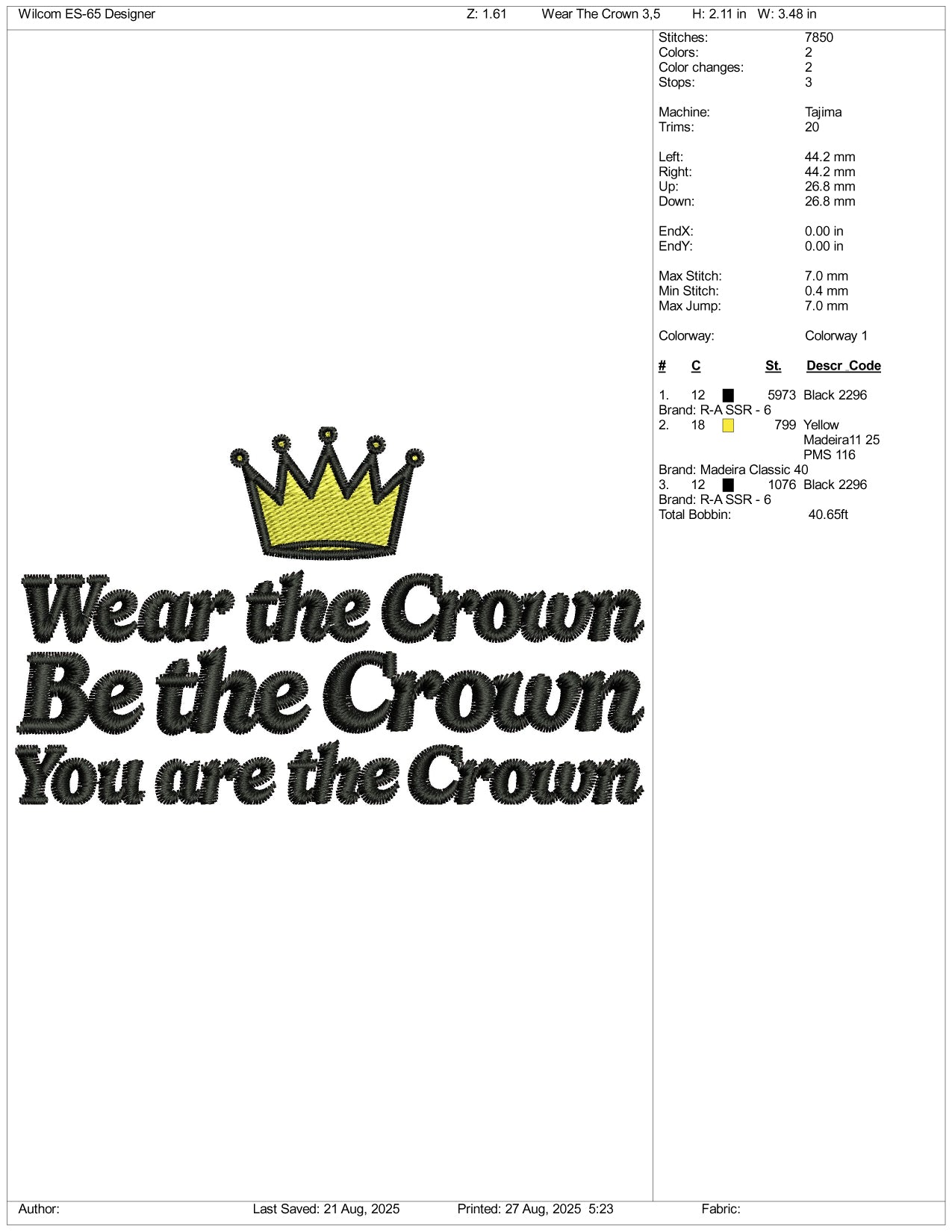 Wear The Crown Embroidery Design Files - 3 Size's