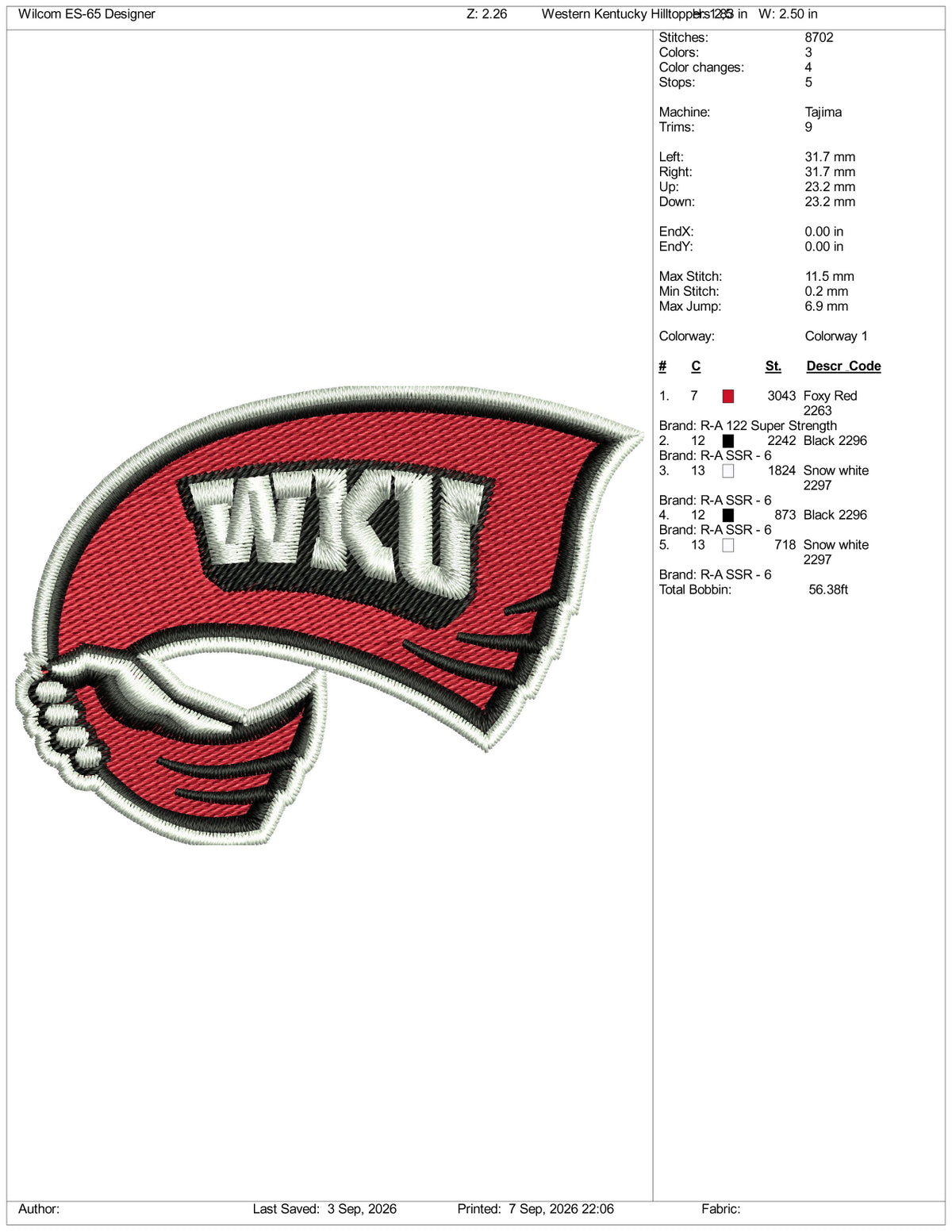 Western Kentucky Hilltoppers Logo Embroidery Design Files - 3 Size's