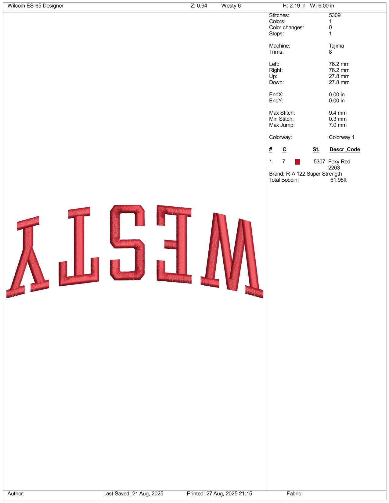 WESTY Embroidery Design Files - 3 Size's