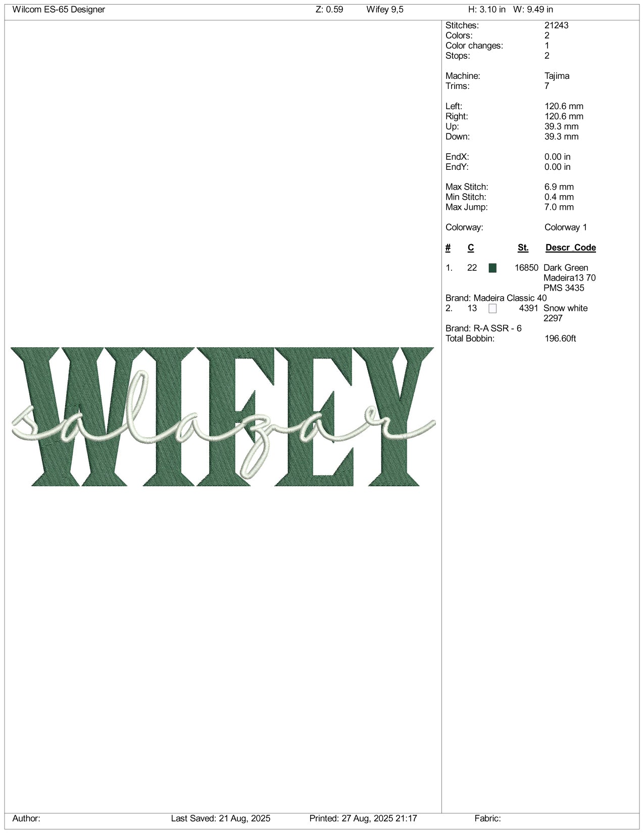 Wifey Embroidery Design Files - 3 Size's