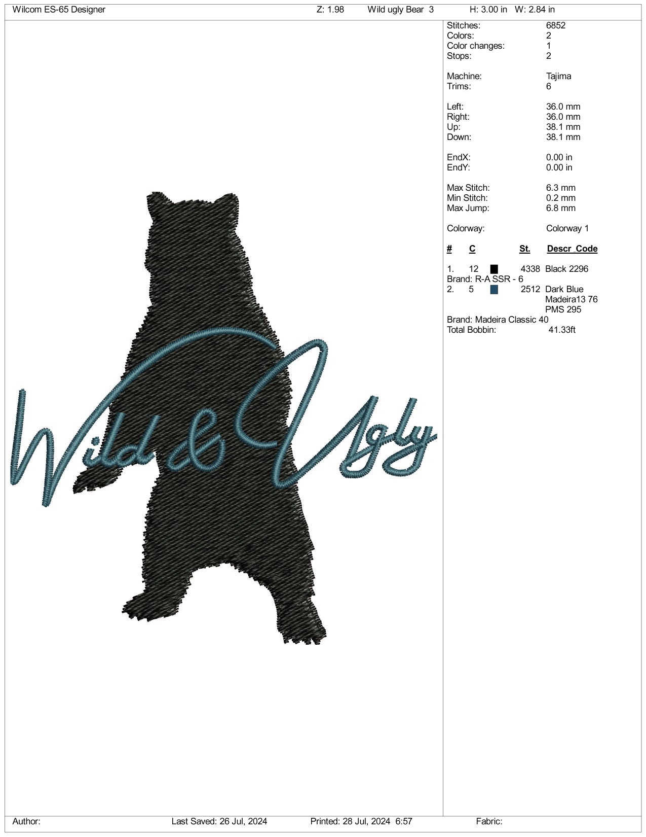 Wild & Ugly Bear Embroidery Files - 3 Size's