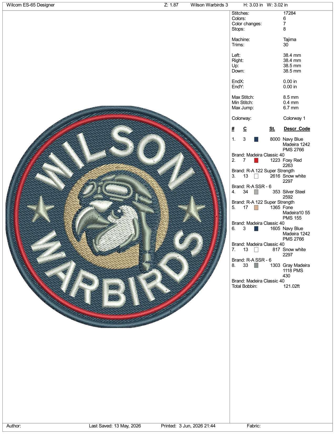 Wilson Warbirds Logo Embroidery Design Files - 3 Size's