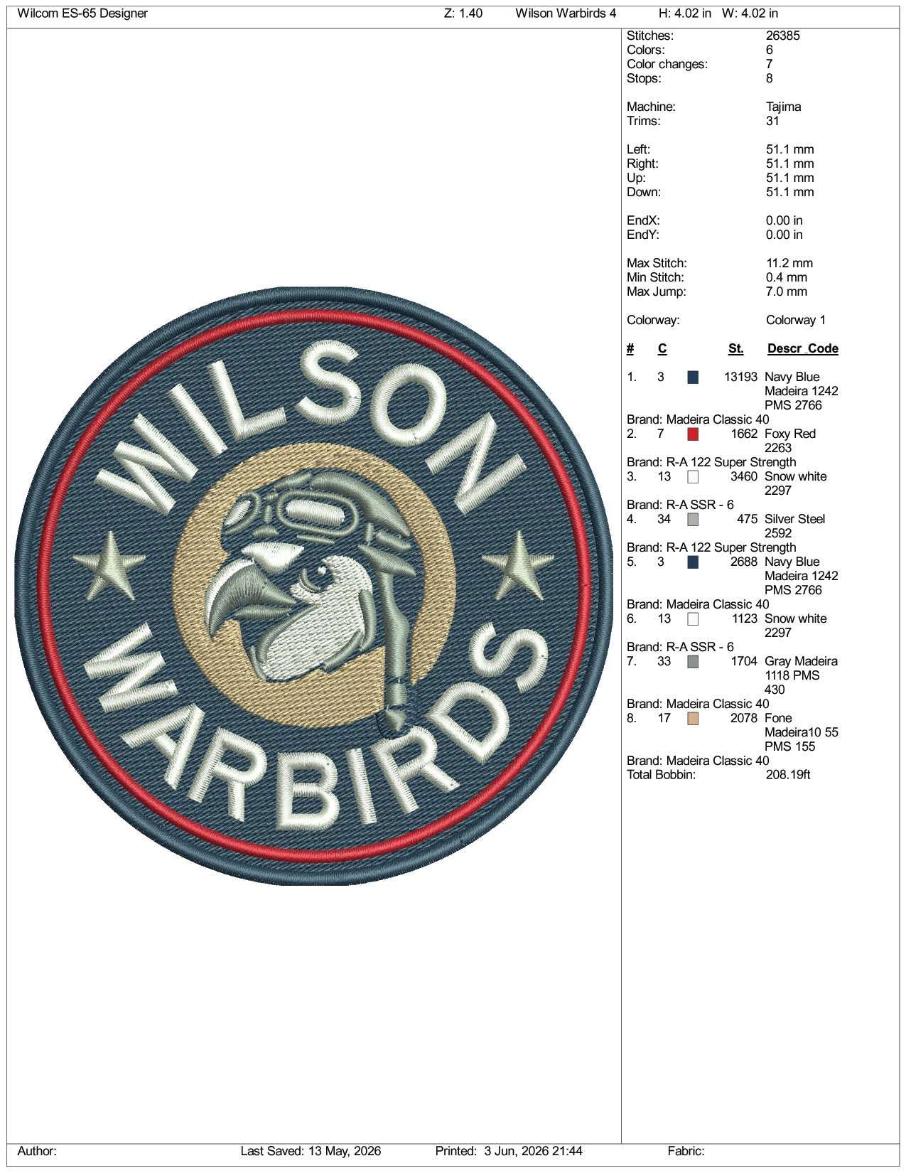 Wilson Warbirds Logo Embroidery Design Files - 3 Size's