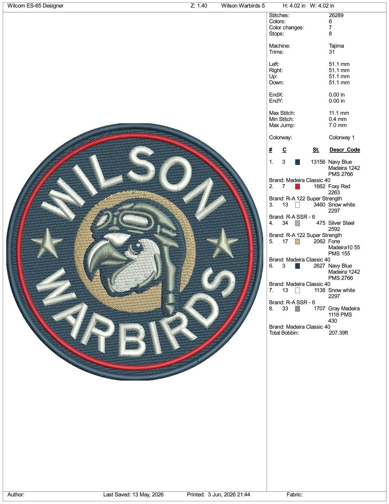 Wilson Warbirds Logo Embroidery Design Files - 3 Size's