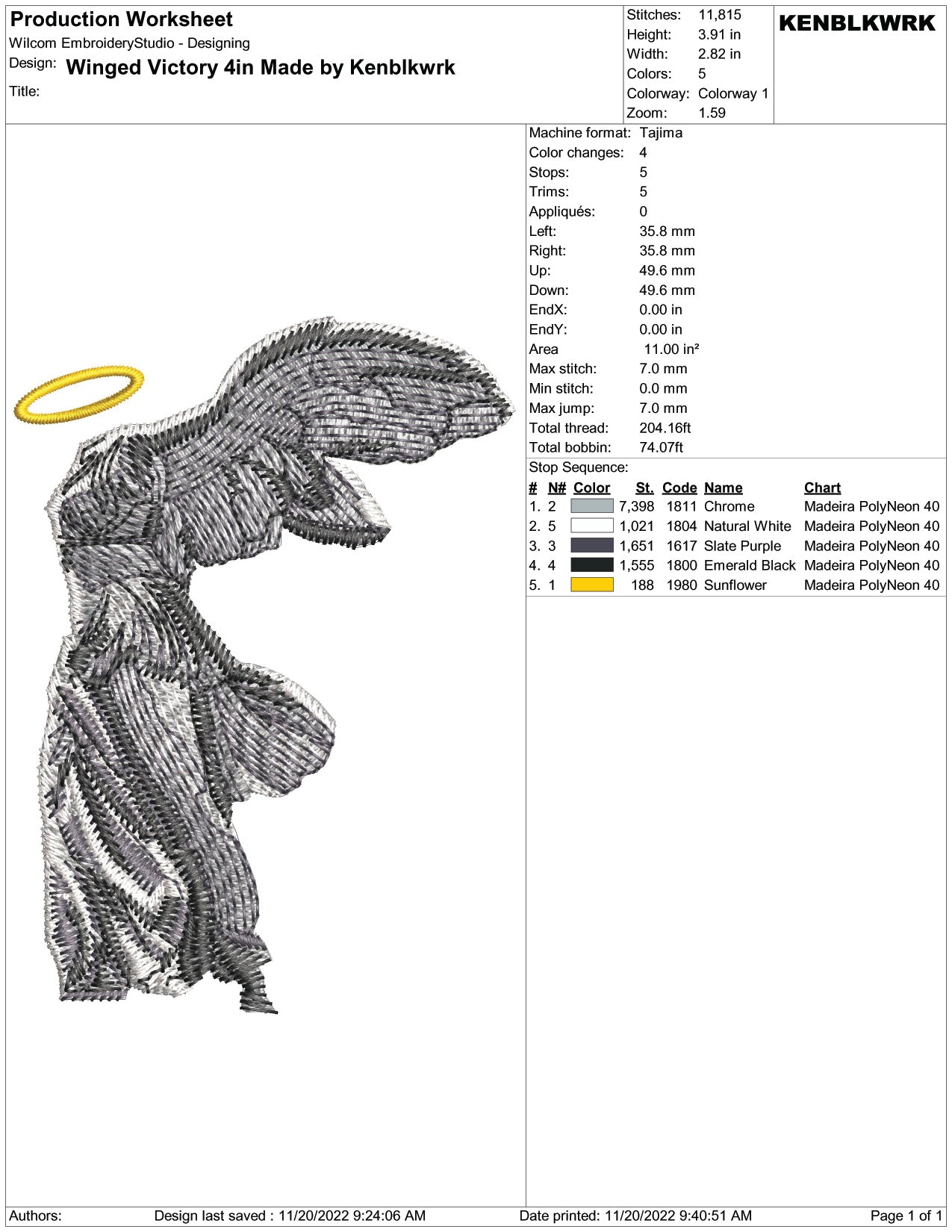 Winged Victory Embroidery Design Files - 2 Size's