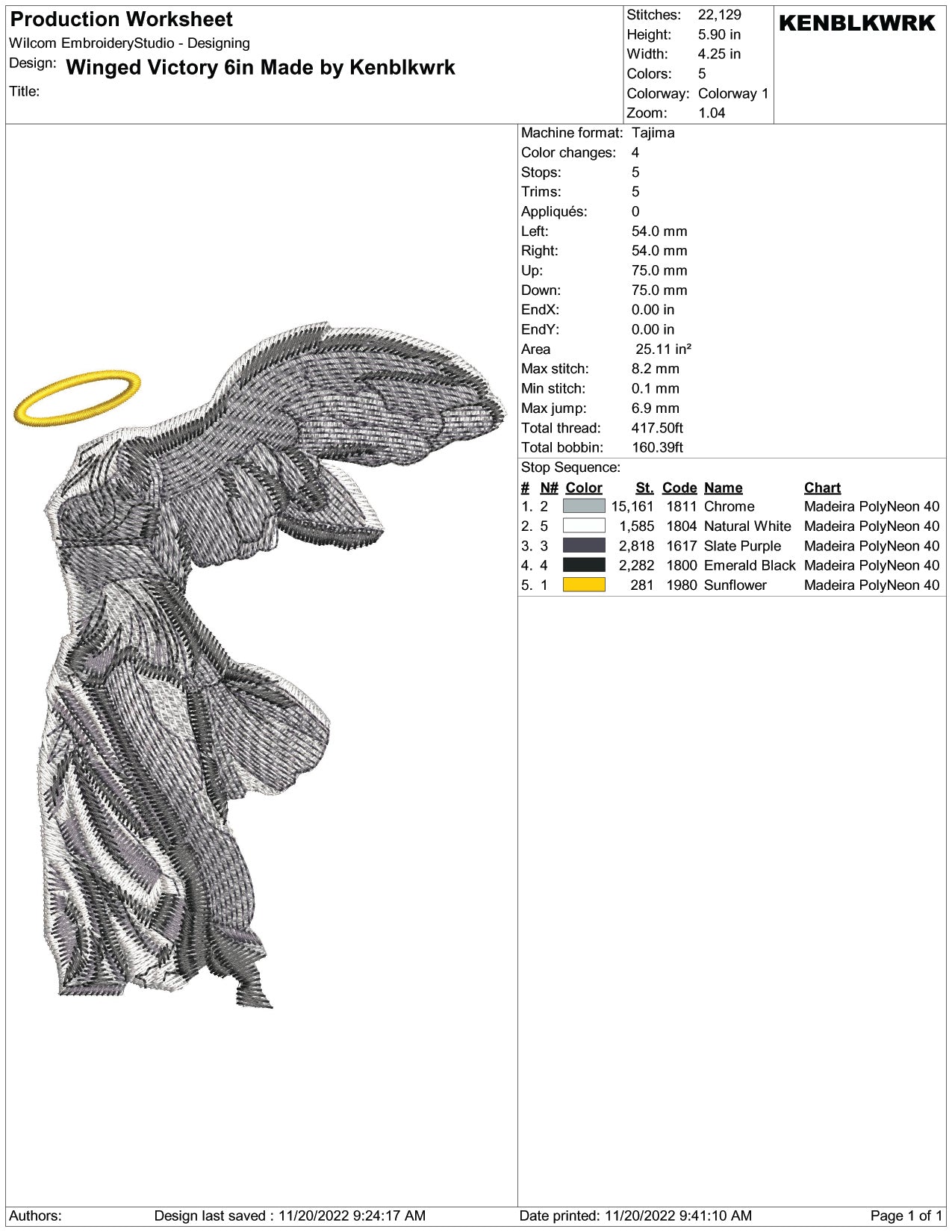 Winged Victory Embroidery Design Files - 2 Size's