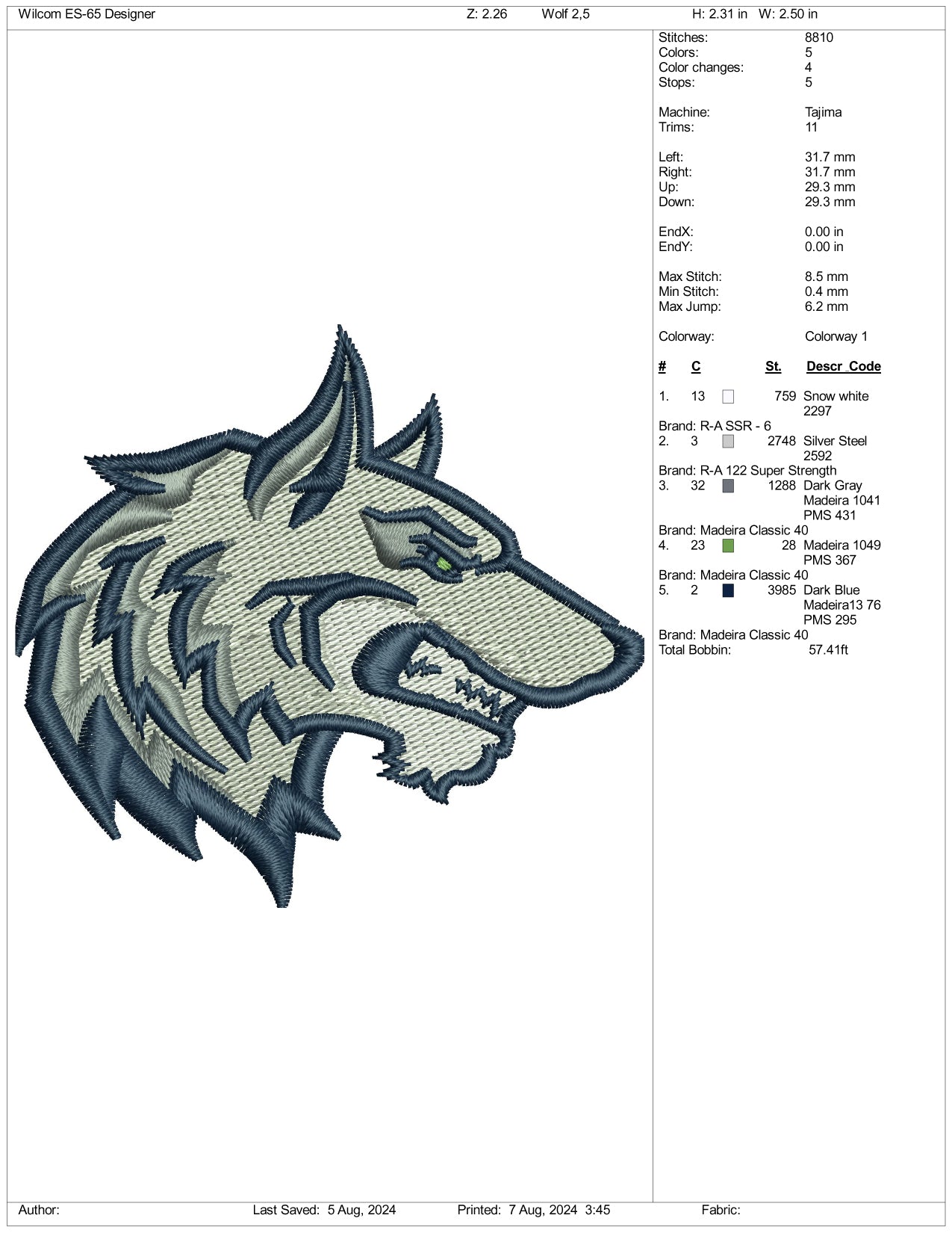 Wolf v3 Embroidery Design Files - 3 Size's