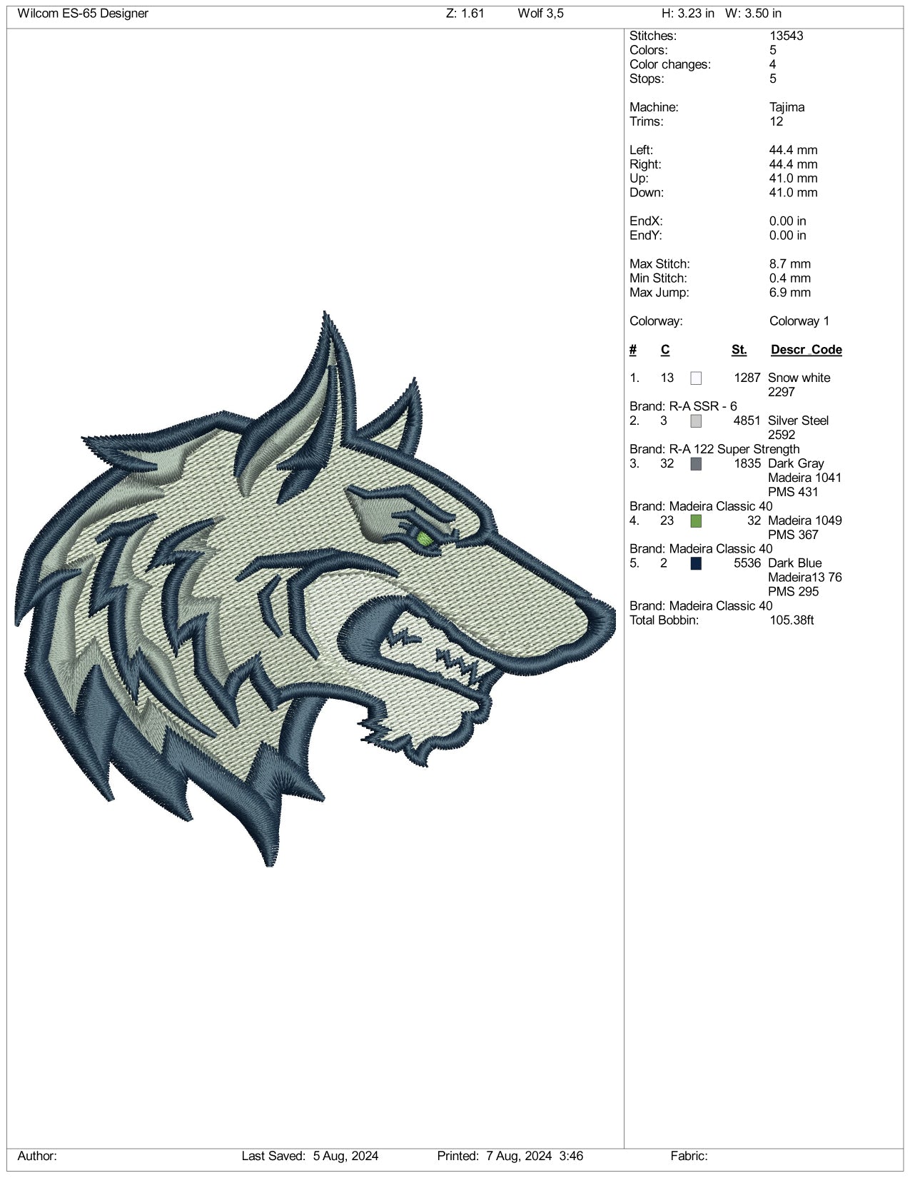 Wolf v3 Embroidery Design Files - 3 Size's