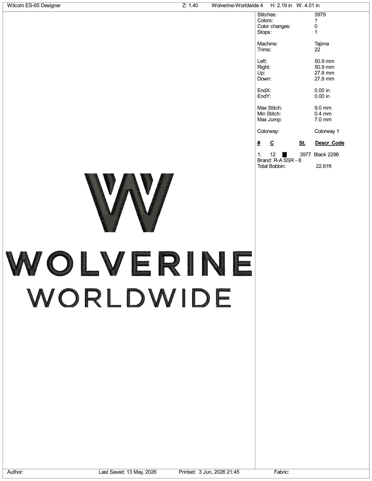 Wolverine Worldwide Logo Embroidery Design Files - 3 Size's