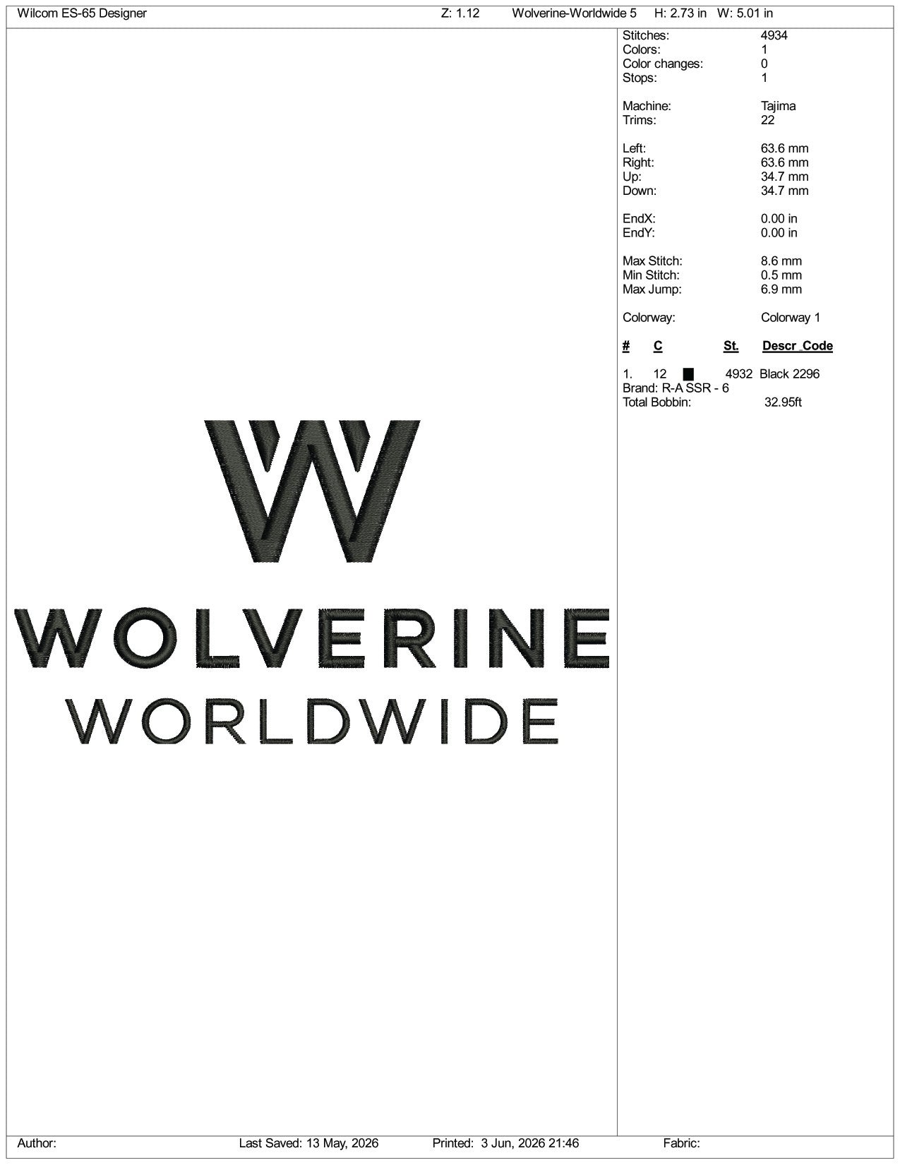 Wolverine Worldwide Logo Embroidery Design Files - 3 Size's