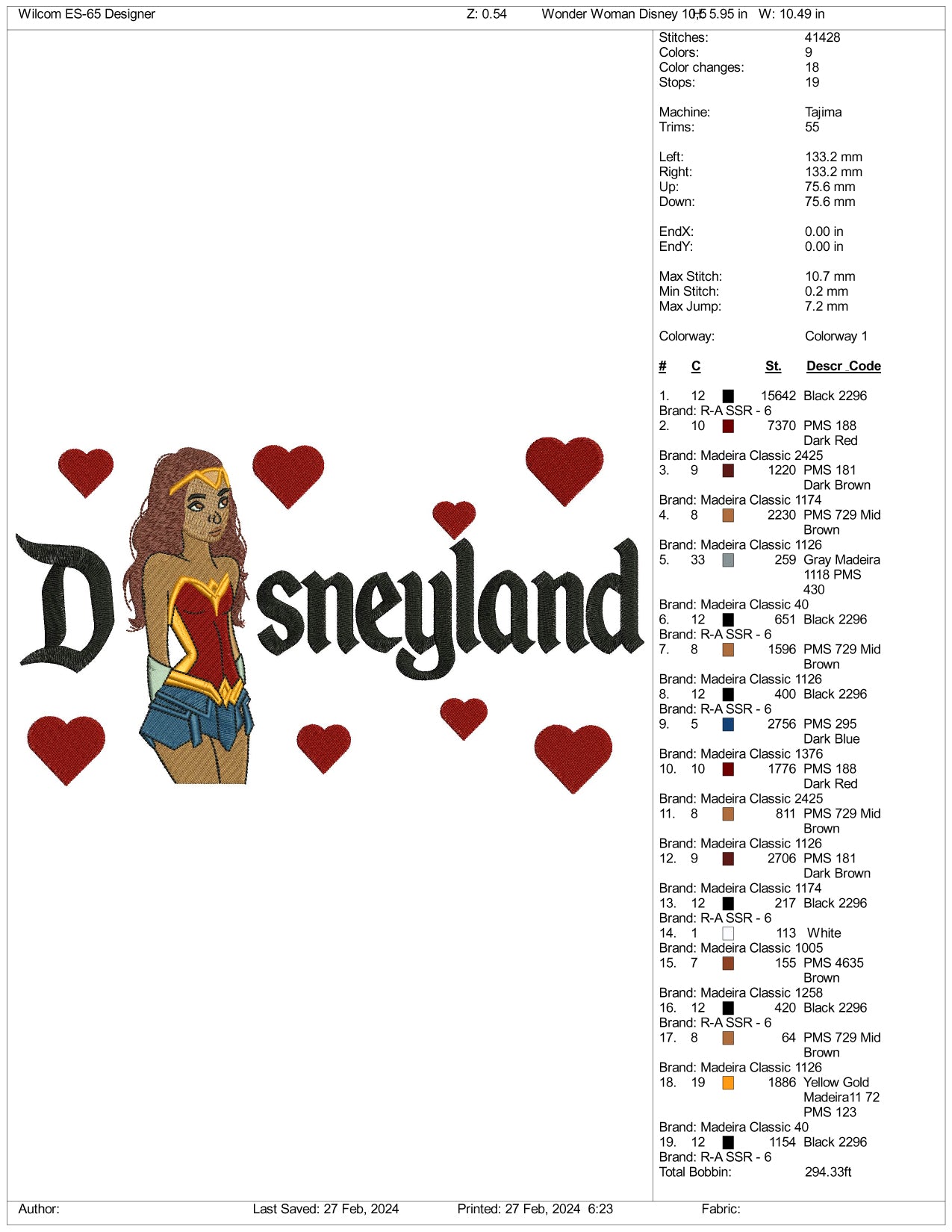 Wonder Woman Cartoon Disneyland Embroidery Design Files - 3 Size's