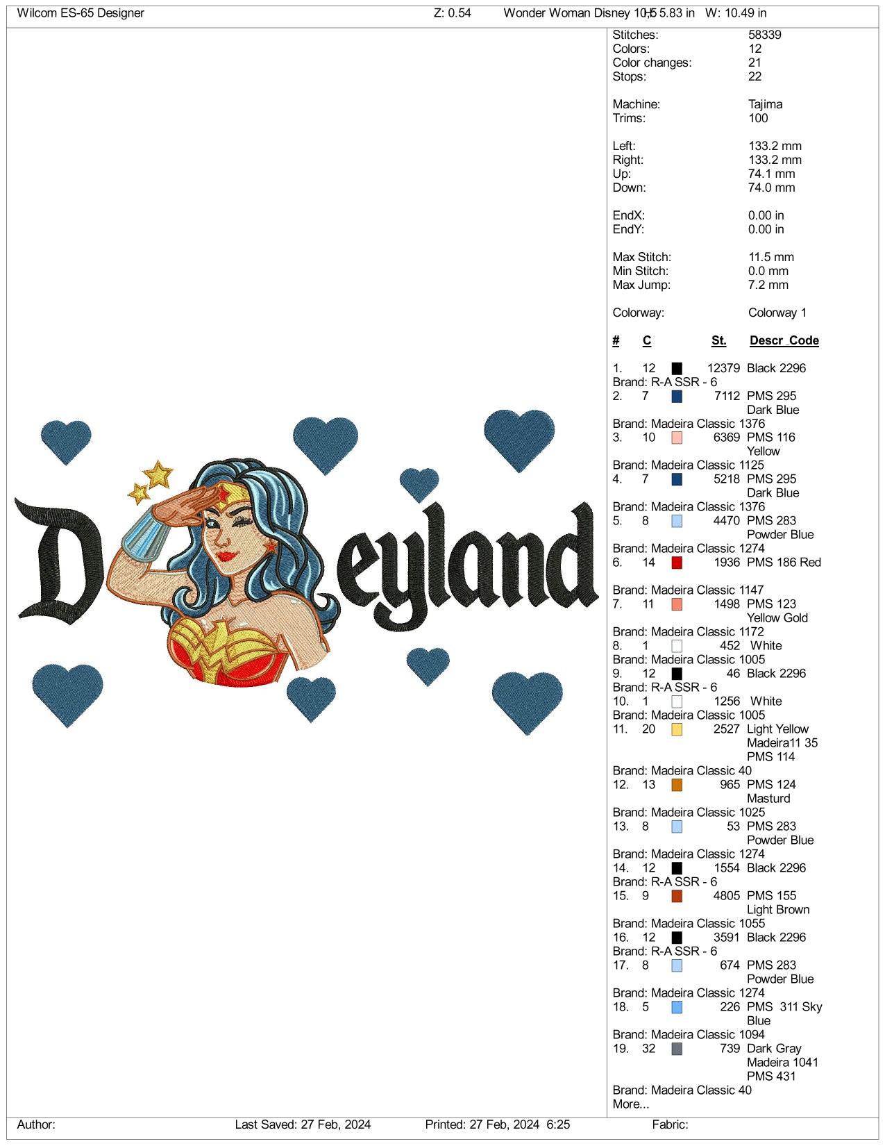 Wonder Woman Disneyland Embroidery Design Files - 3 Size's