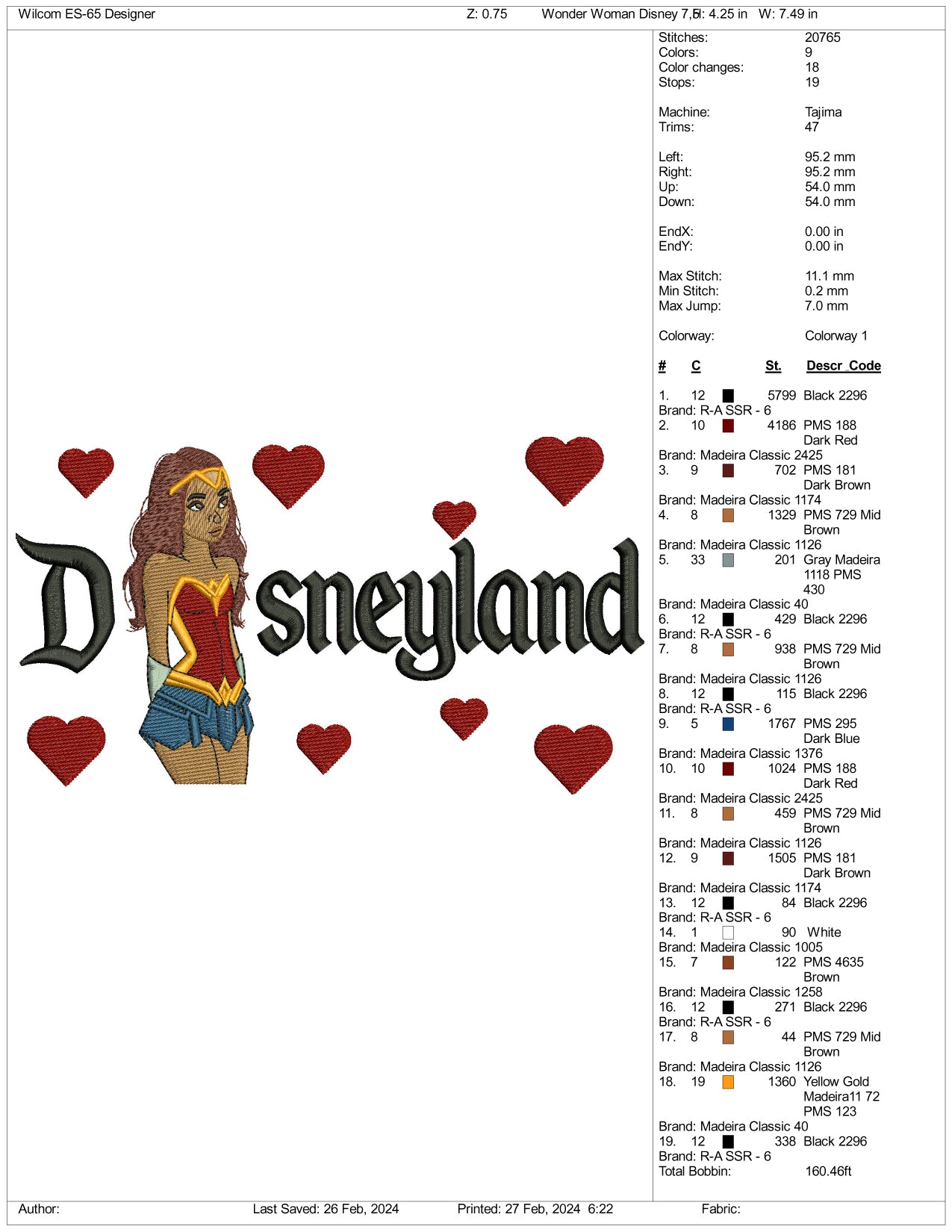 Wonder Woman Cartoon Disneyland Embroidery Design Files - 3 Size's