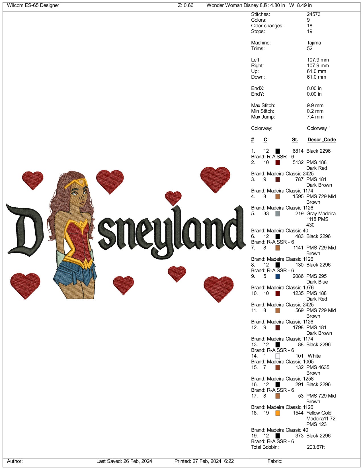 Wonder Woman Cartoon Disneyland Embroidery Design Files - 3 Size's