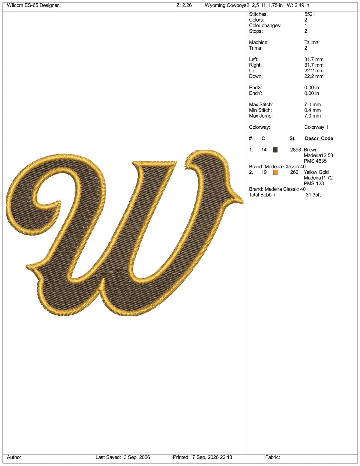 Wyoming Cowboys Logo Embroidery Design Files - 3 Size's