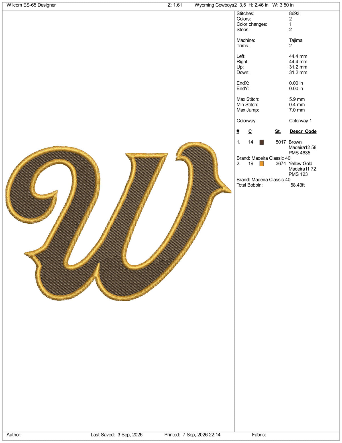Wyoming Cowboys Logo Embroidery Design Files - 3 Size's