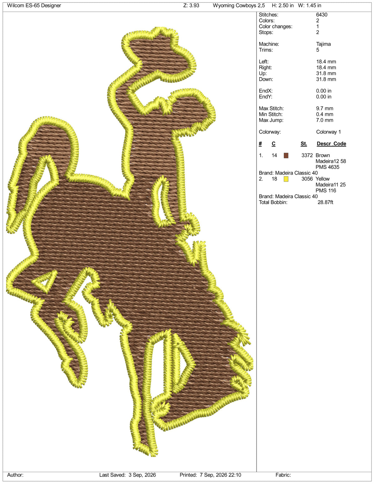 Wyoming Cowboys Logo Embroidery Design Files - 3 Size's