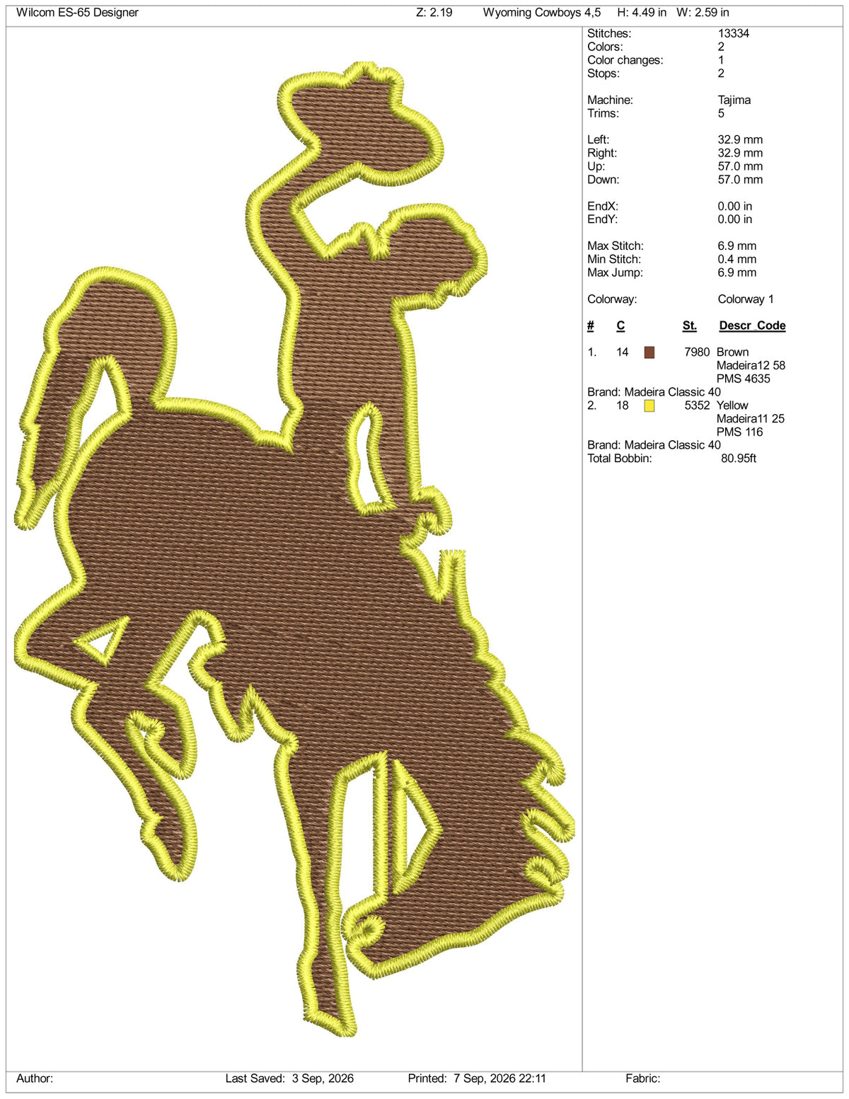 Wyoming Cowboys Logo Embroidery Design Files - 3 Size's