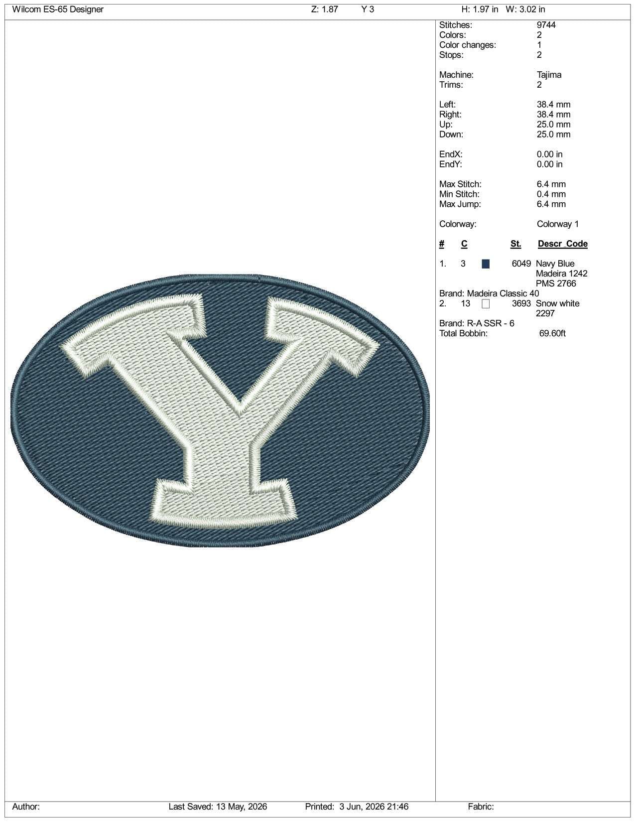 Byu Cougar v2 Logo Embroidery Design Files - 3 Size's