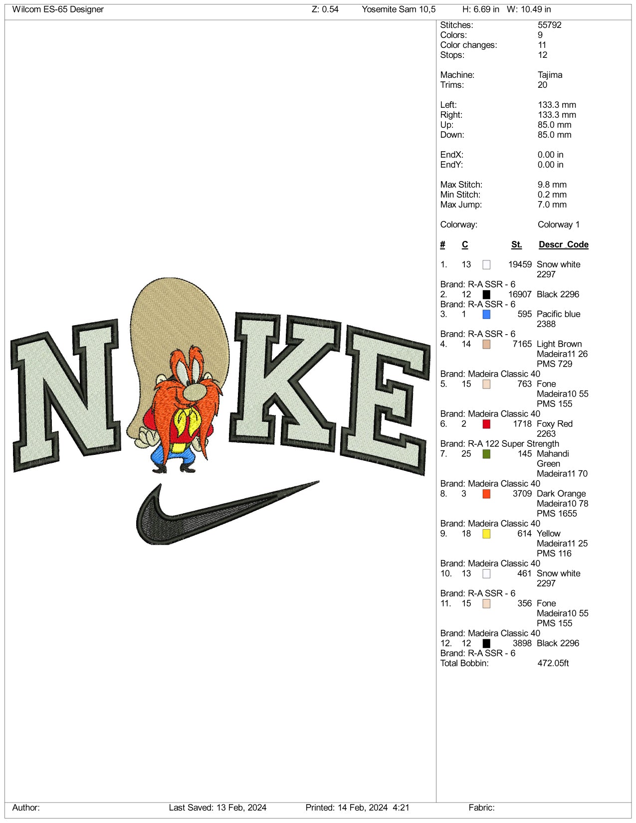 Nike Yosemite Sam Embroidery Design Files - 3 Size's