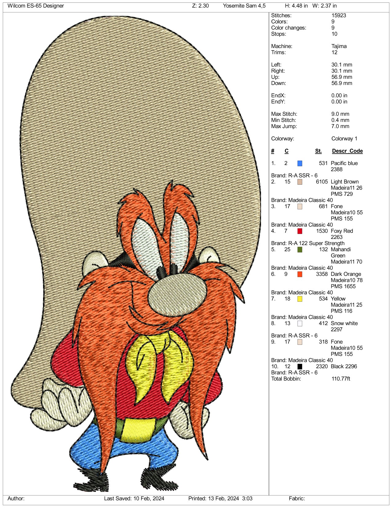 Yosemite Sam Embroidery Design Files - 3 Size's