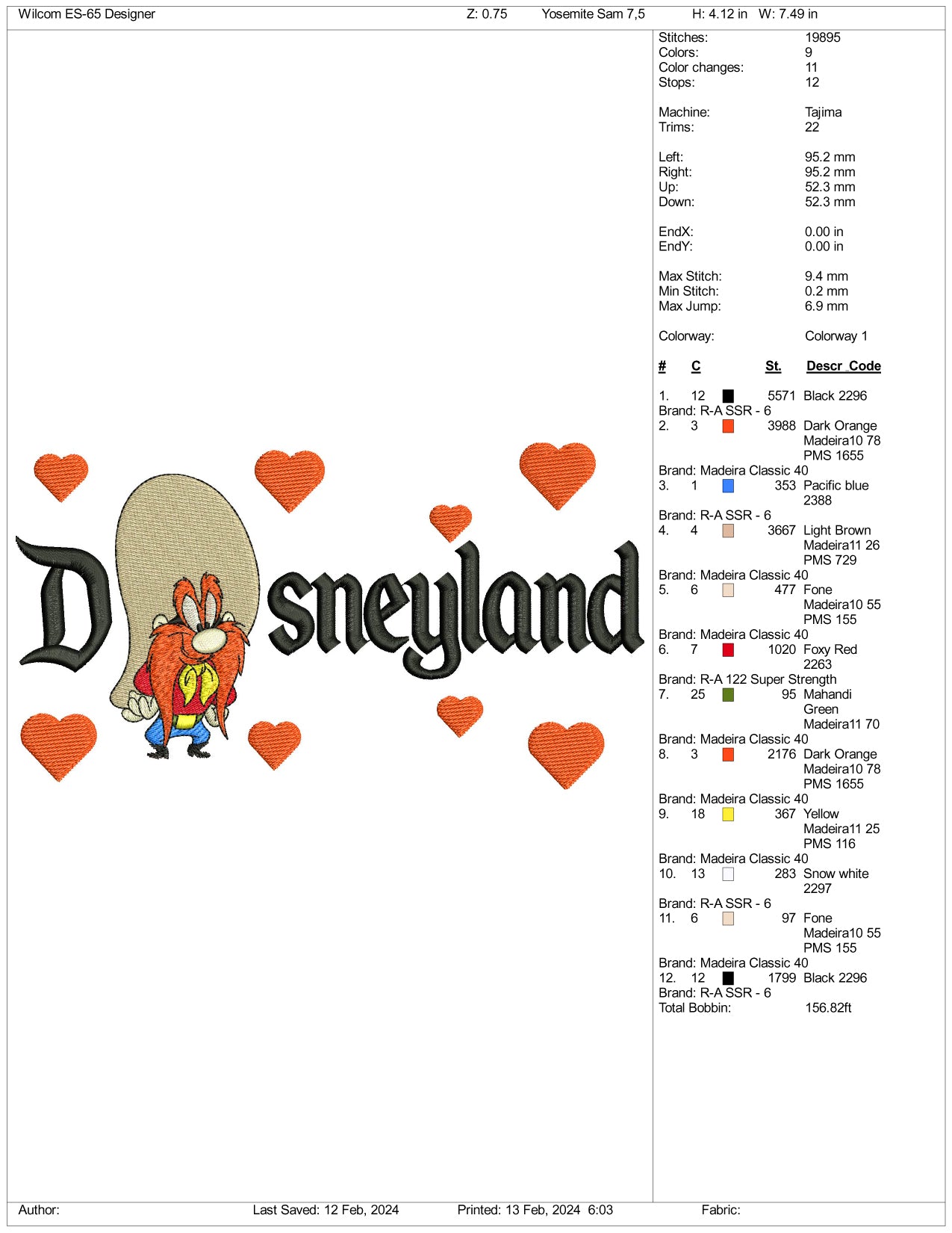 Yosemite Sam Disneyland Embroidery Design Files - 3 Size's