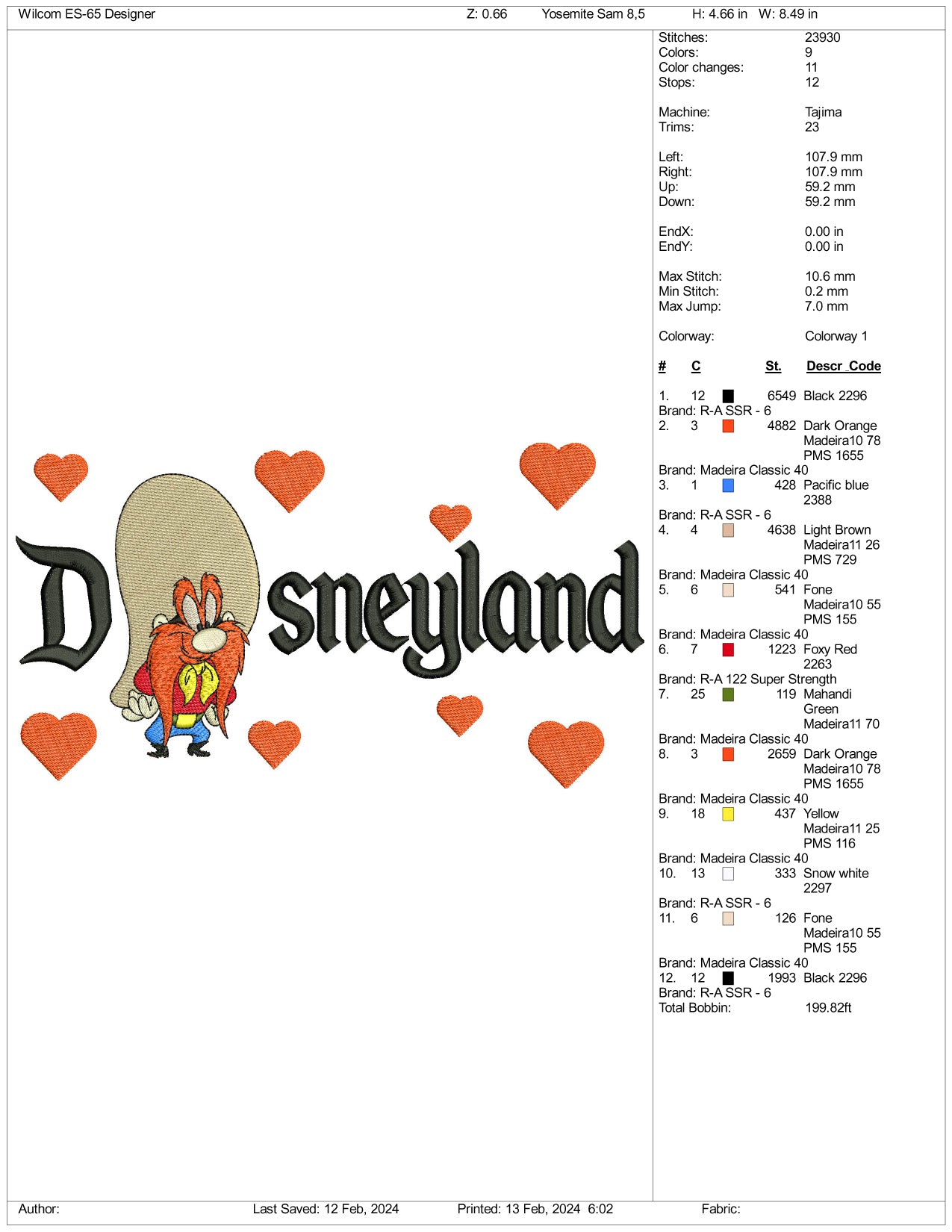 Yosemite Sam Disneyland Embroidery Design Files - 3 Size's