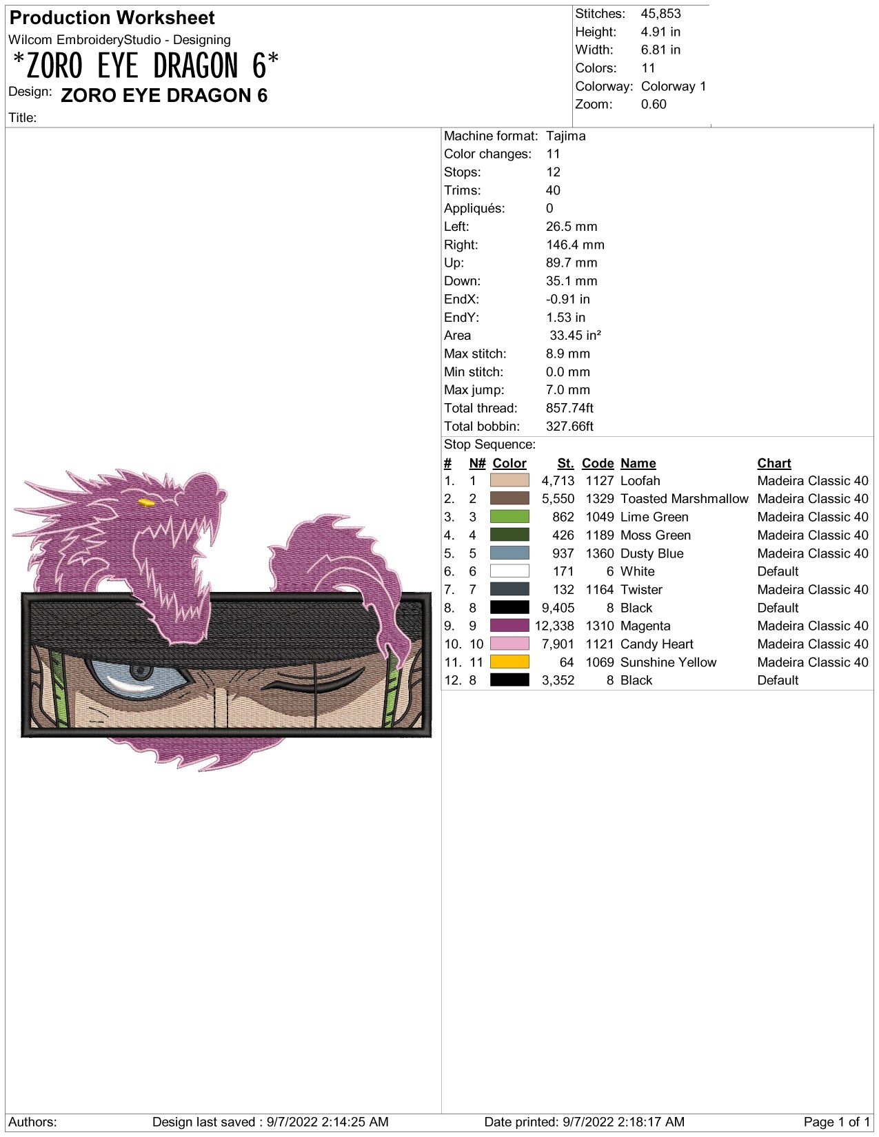 Roronoa Zoro Eyes Embroidery Design Files - 2 Sizes