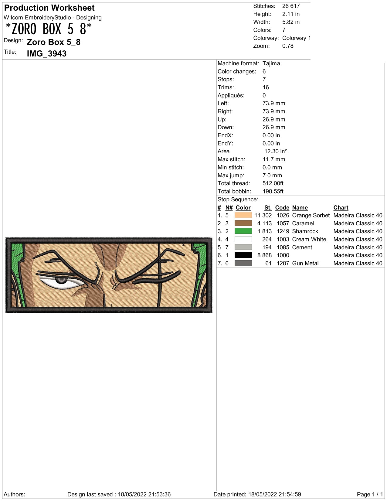 Roronoa Zoro v7 Embroidery Design Files - 3 Size's