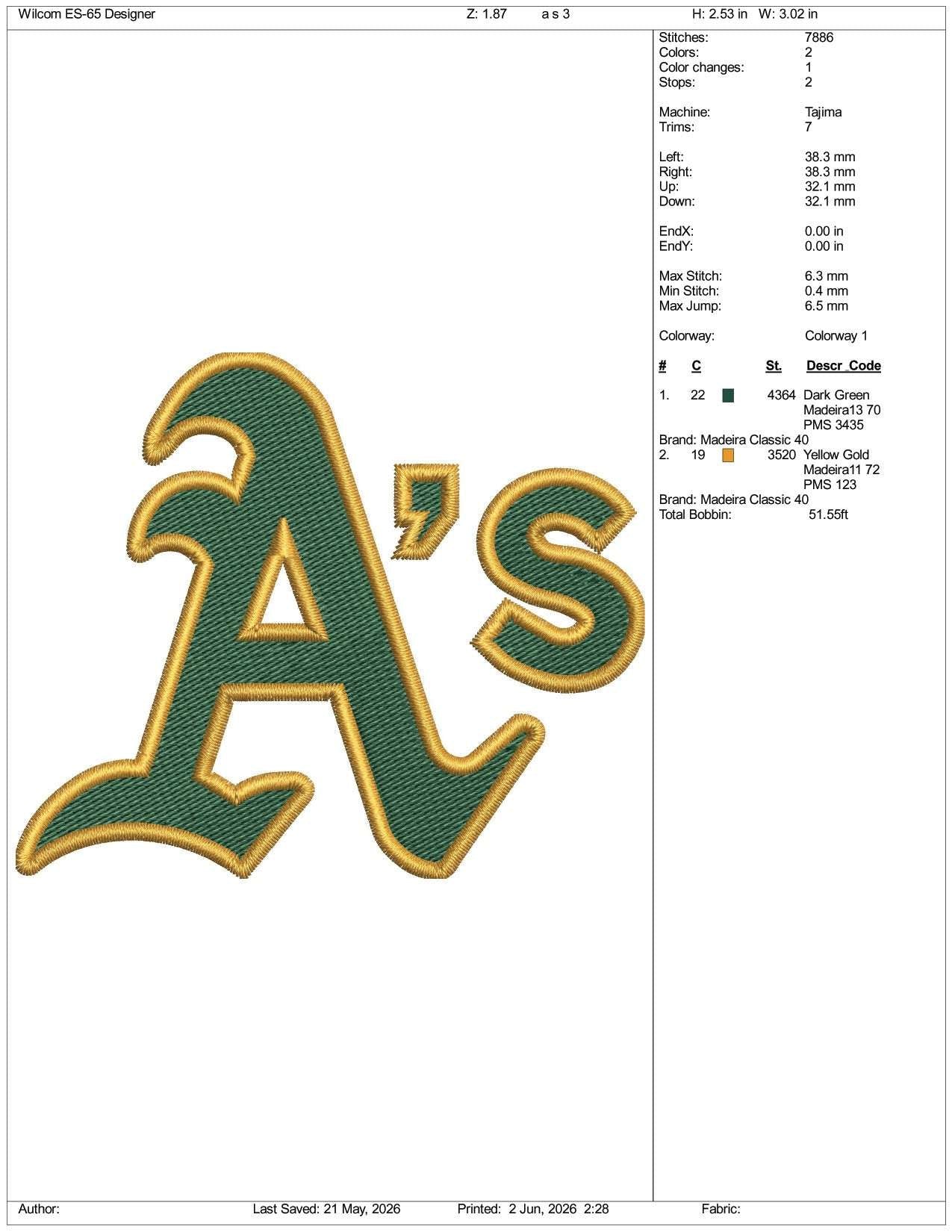 Oakland Athletics AS Logo Embroidery Design Files - 3 Size's