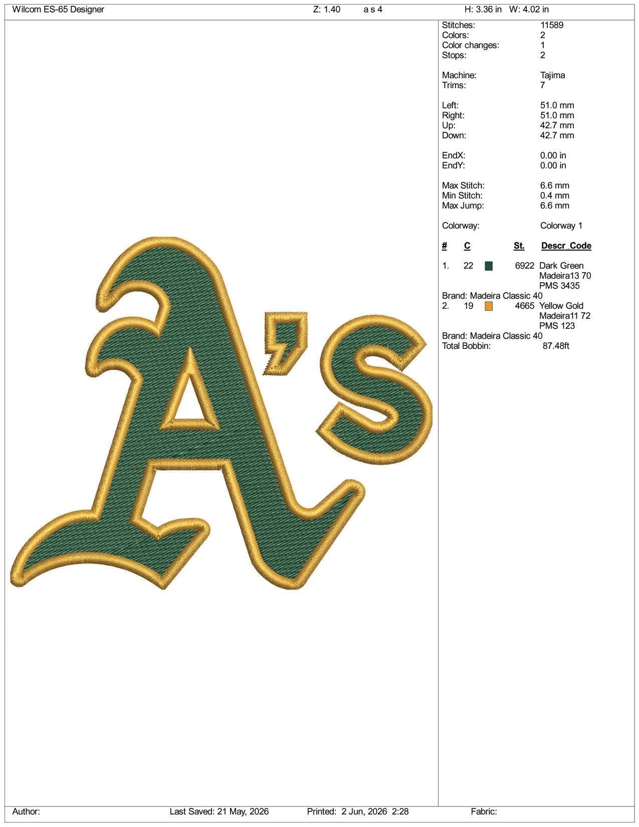 Oakland Athletics AS Logo Embroidery Design Files - 3 Size's