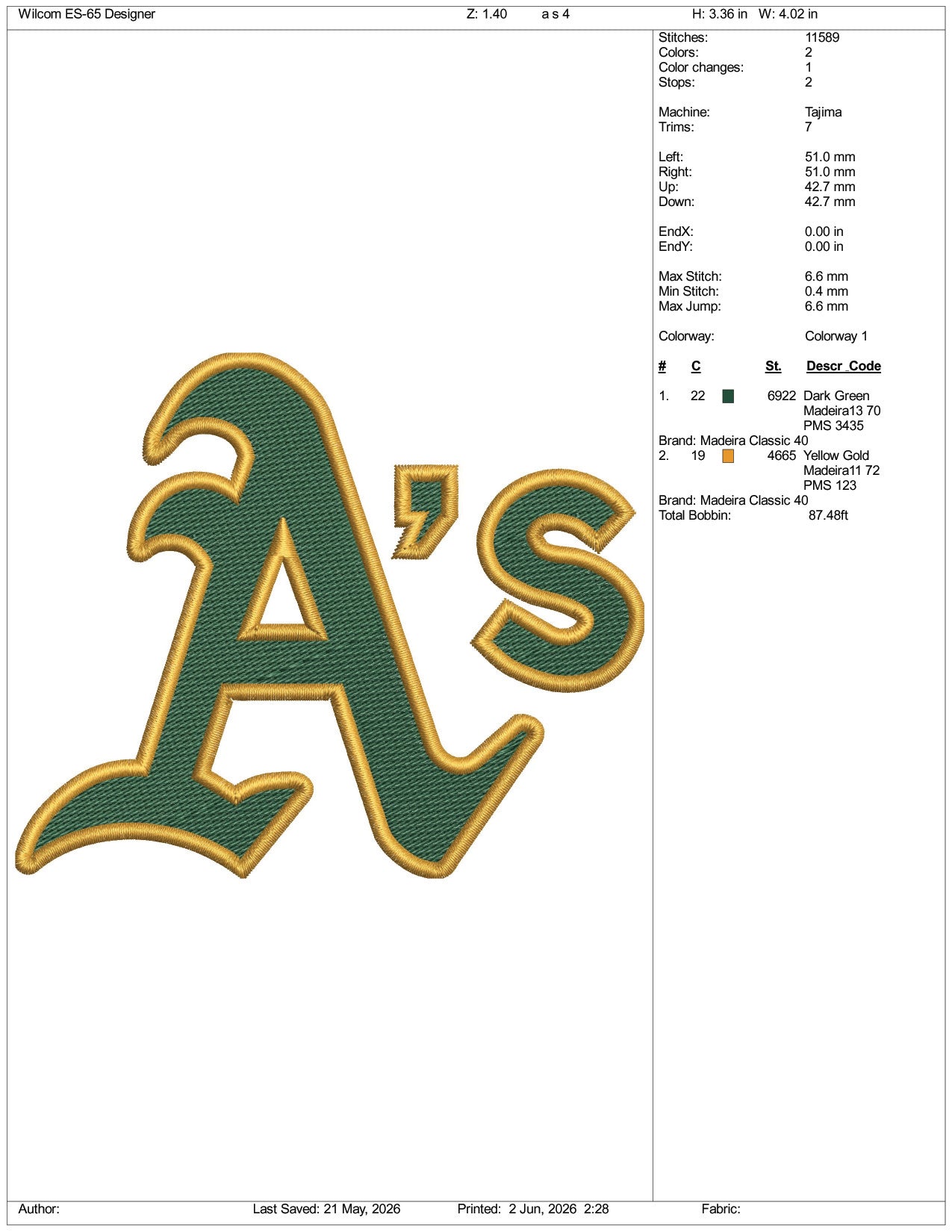 Oakland Athletics AS Logo Embroidery Design Files - 3 Size's