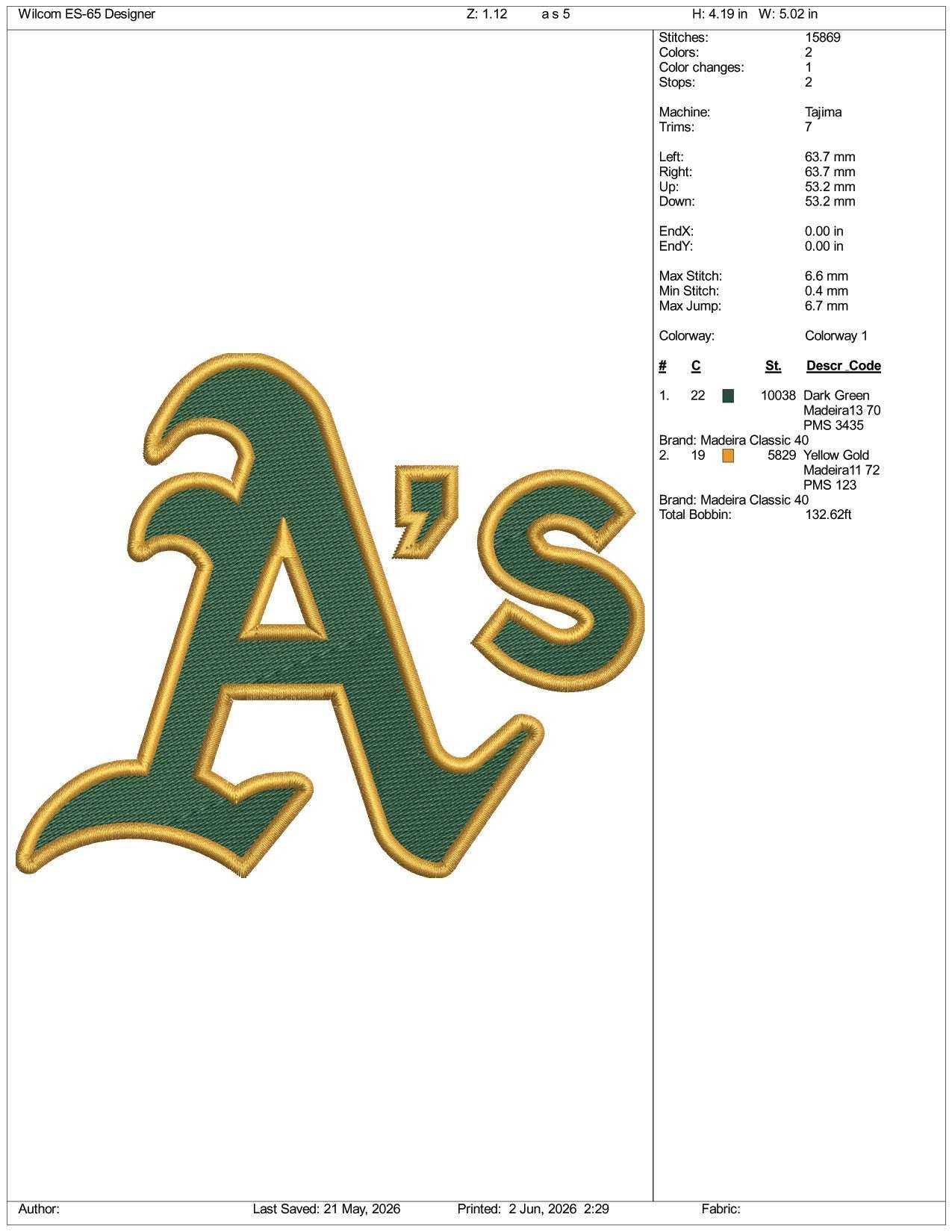 Oakland Athletics AS Logo Embroidery Design Files - 3 Size's
