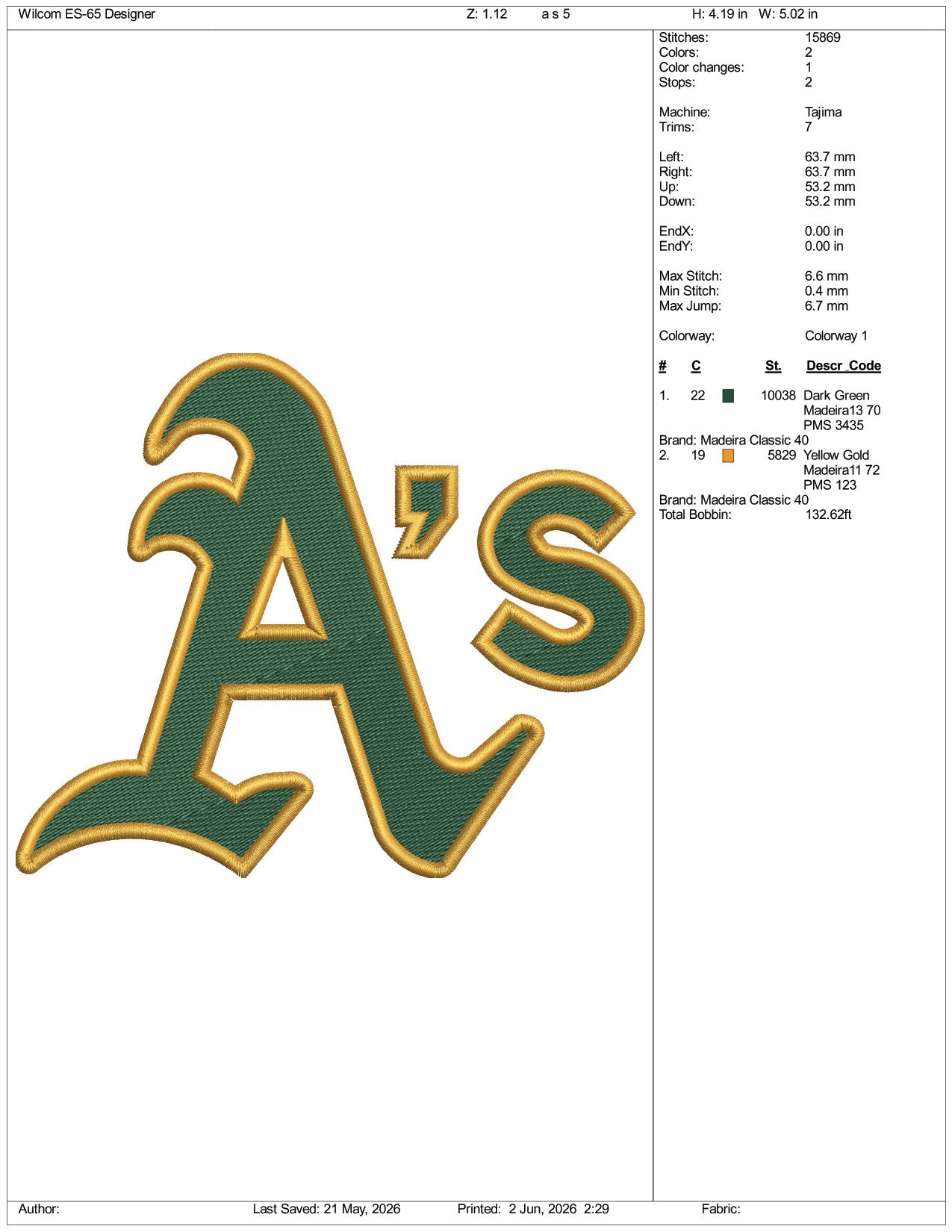 Oakland Athletics AS Logo Embroidery Design Files - 3 Size's
