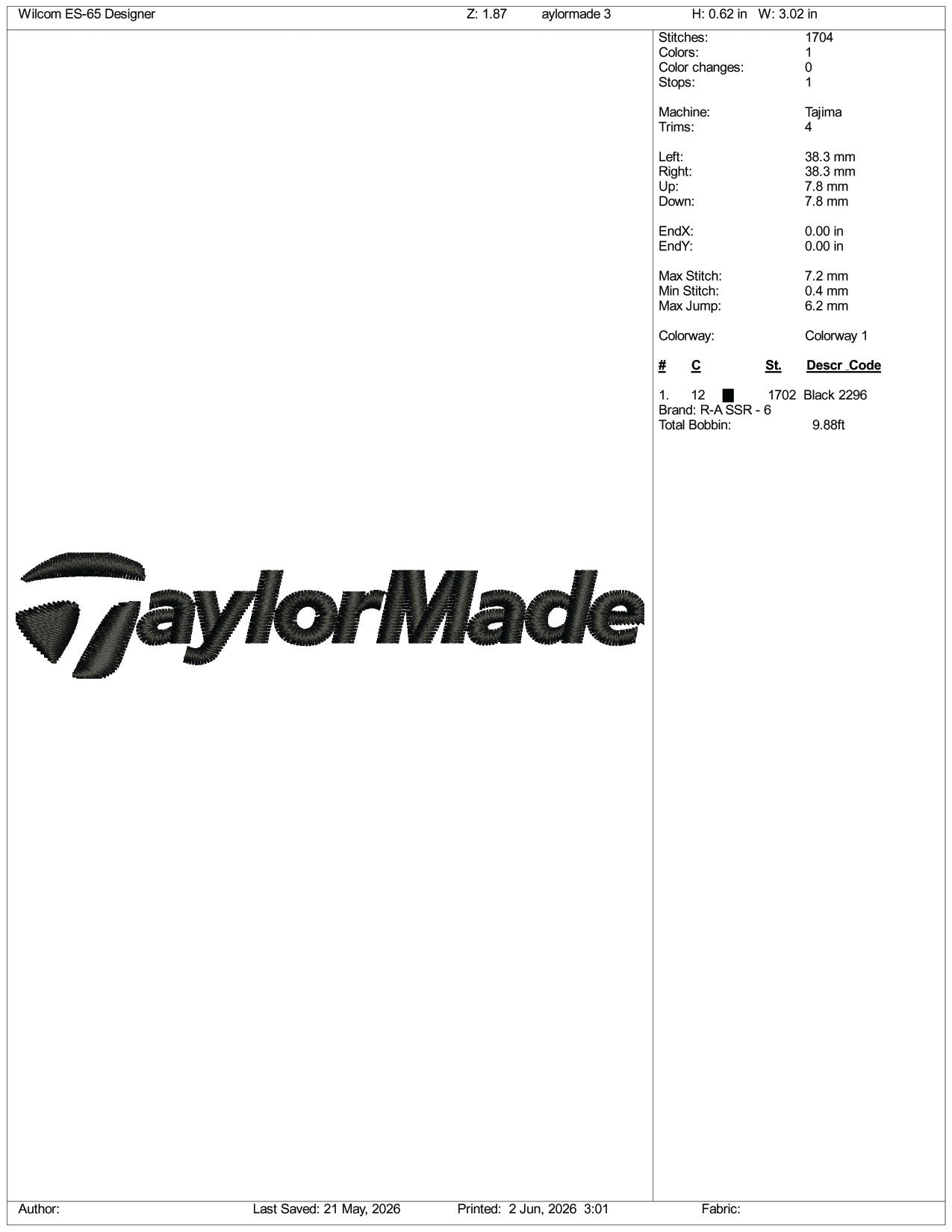 TaylorMade Logo Embroidery Design Files - 3 Size's