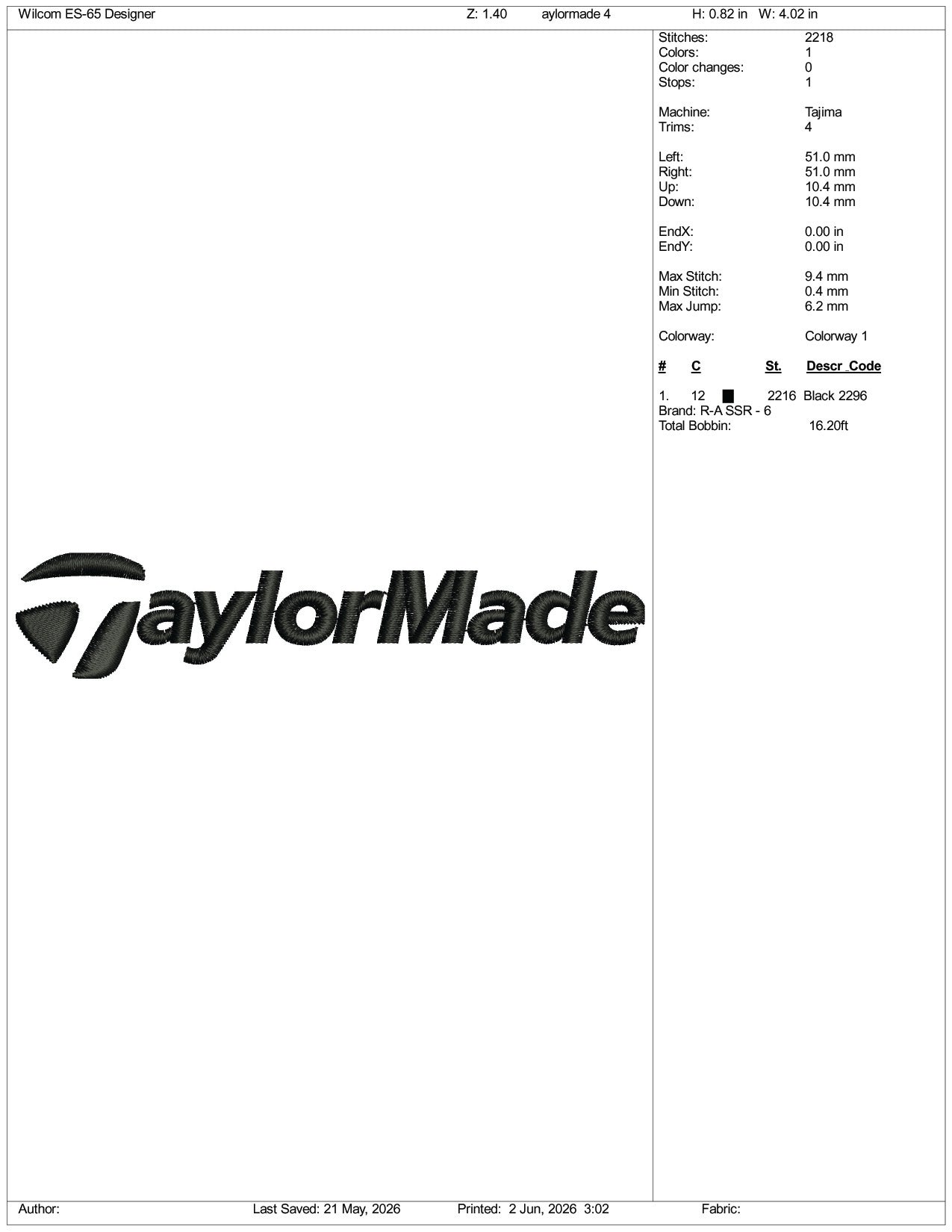 TaylorMade Logo Embroidery Design Files - 3 Size's