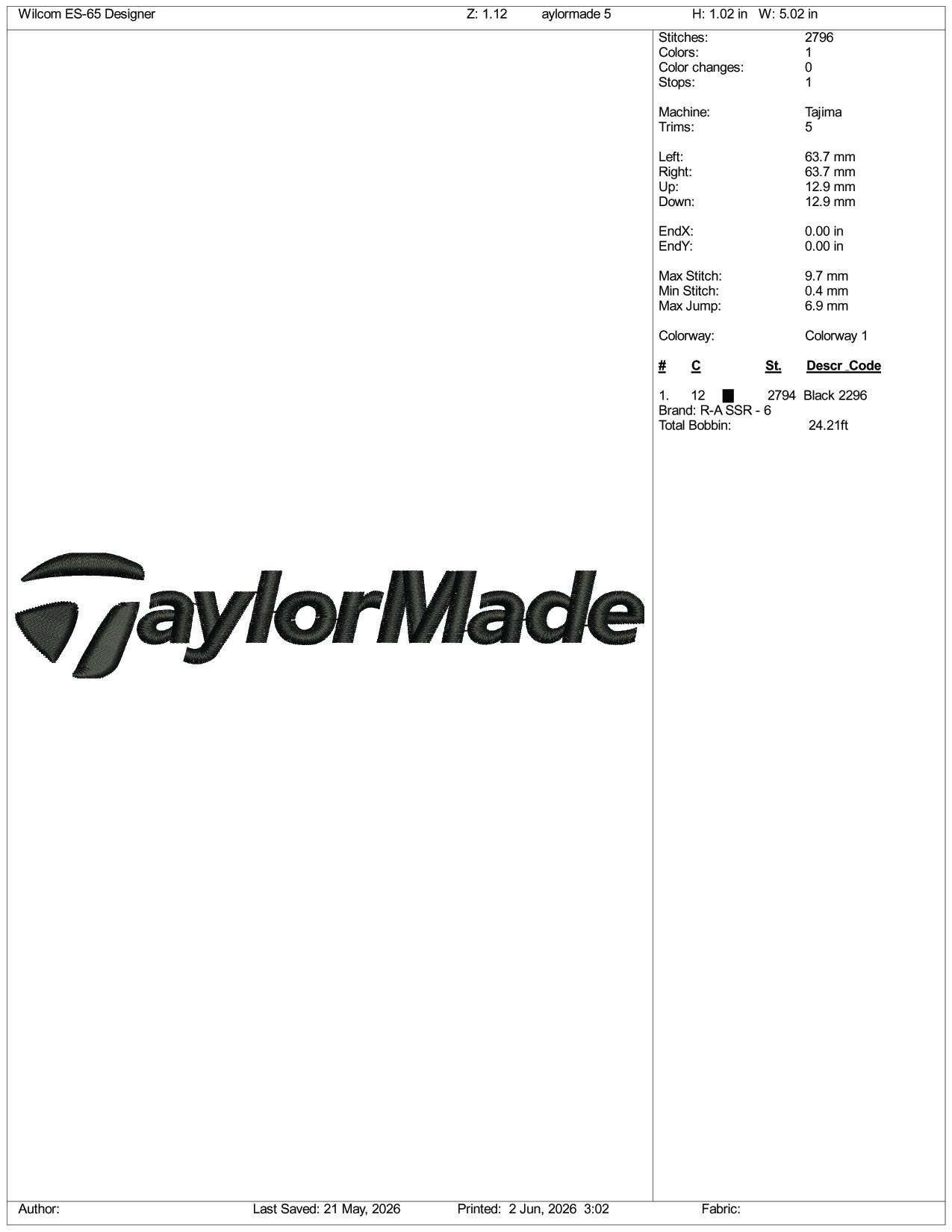 TaylorMade Logo Embroidery Design Files - 3 Size's