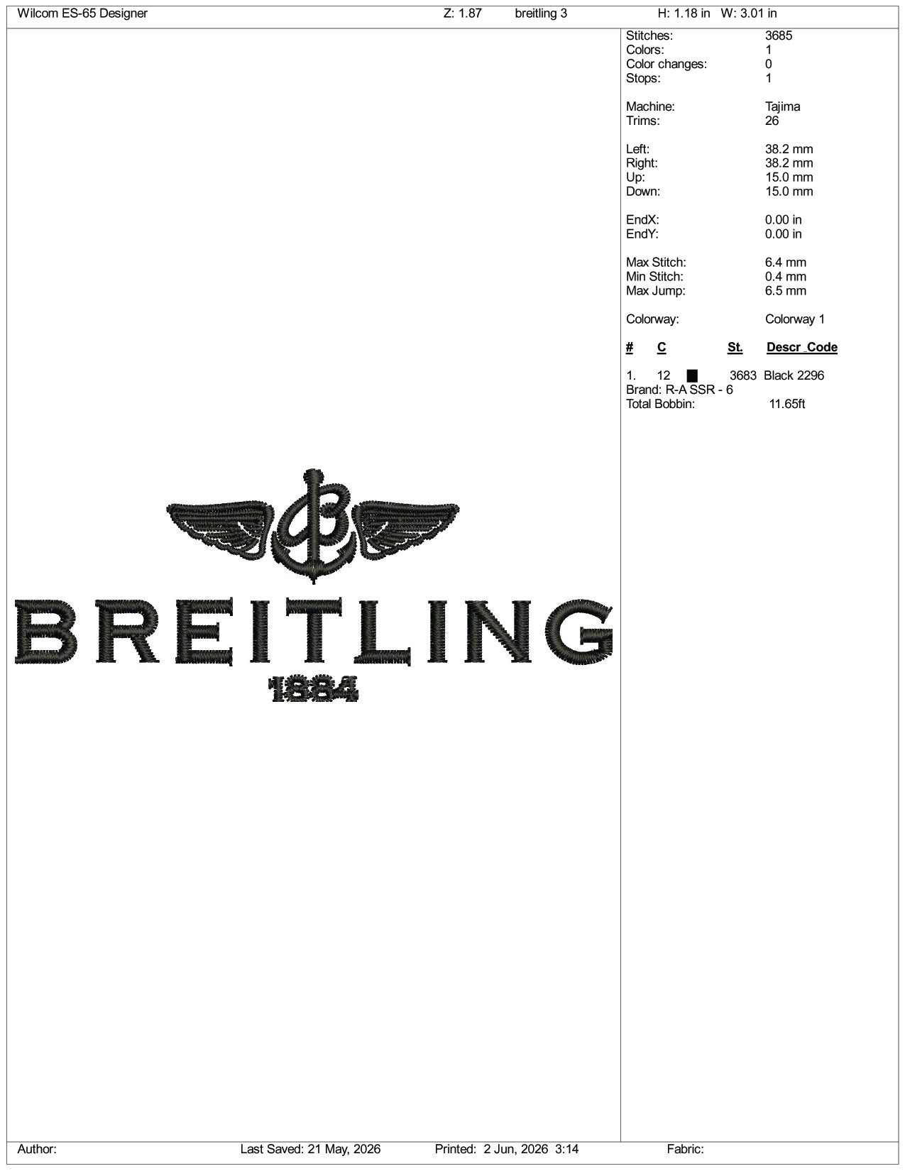 Breitling 1884 Logo Embroidery Design Files - 3 Size's
