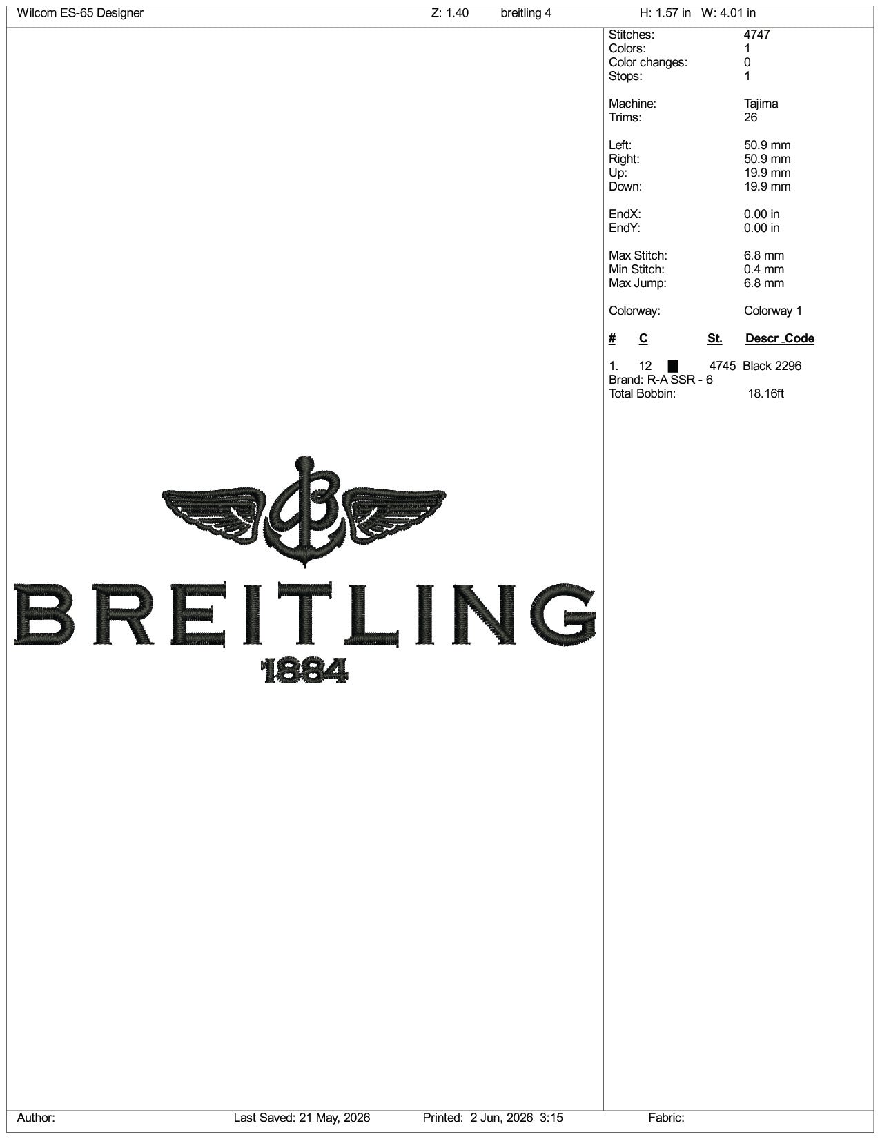 Breitling 1884 Logo Embroidery Design Files - 3 Size's