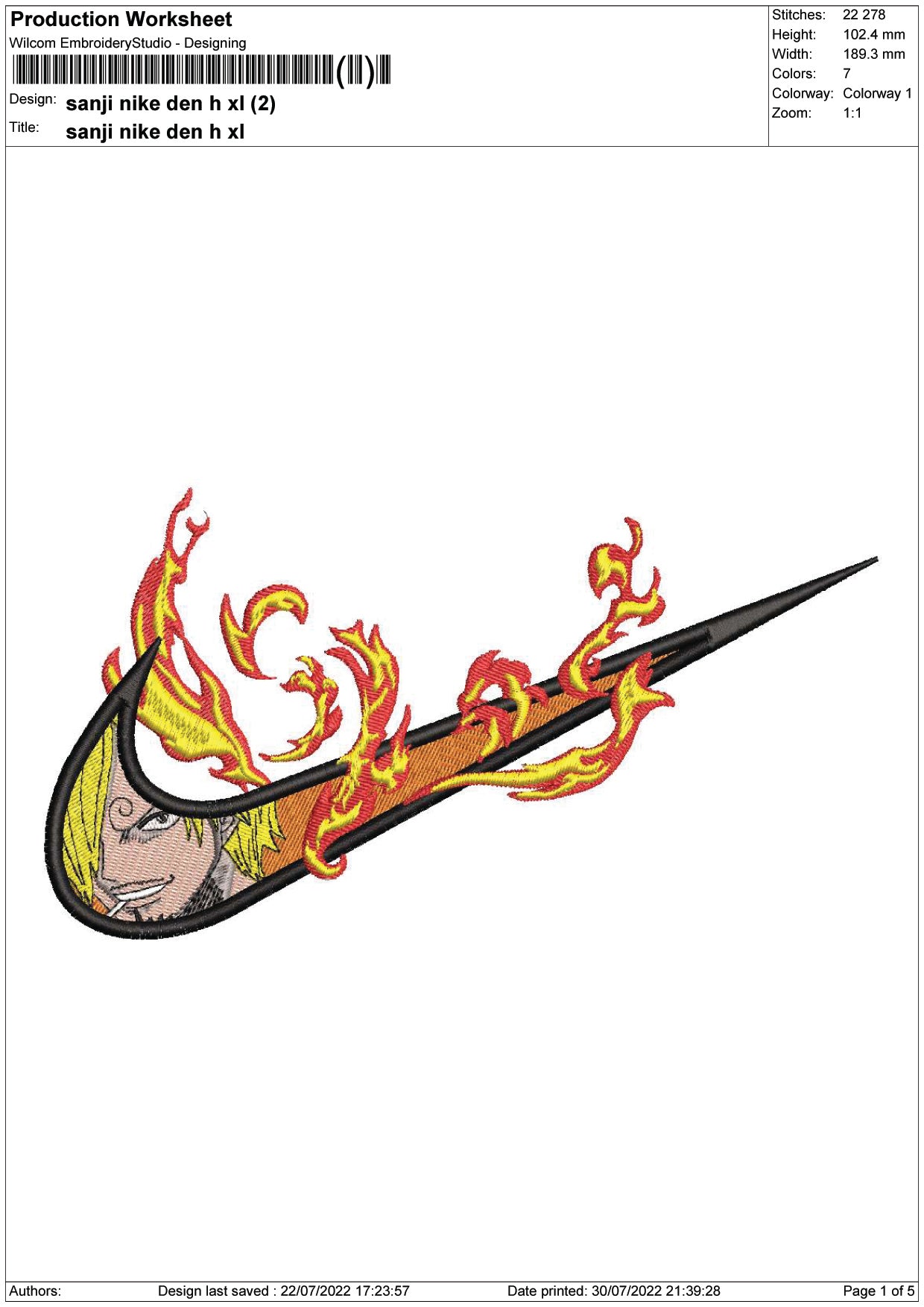 Sanji One Embroidery Design Files - 1 Size