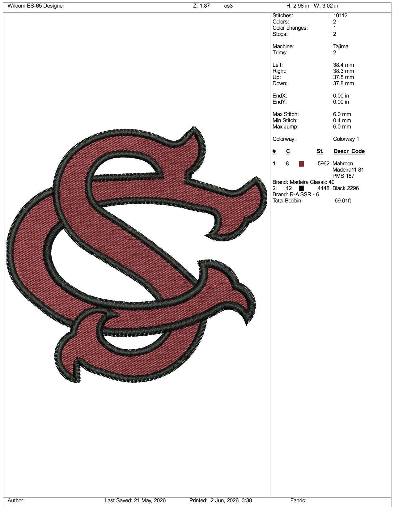 South Carolina Gamecocks Logo Embroidery Design Files - 3 Size's