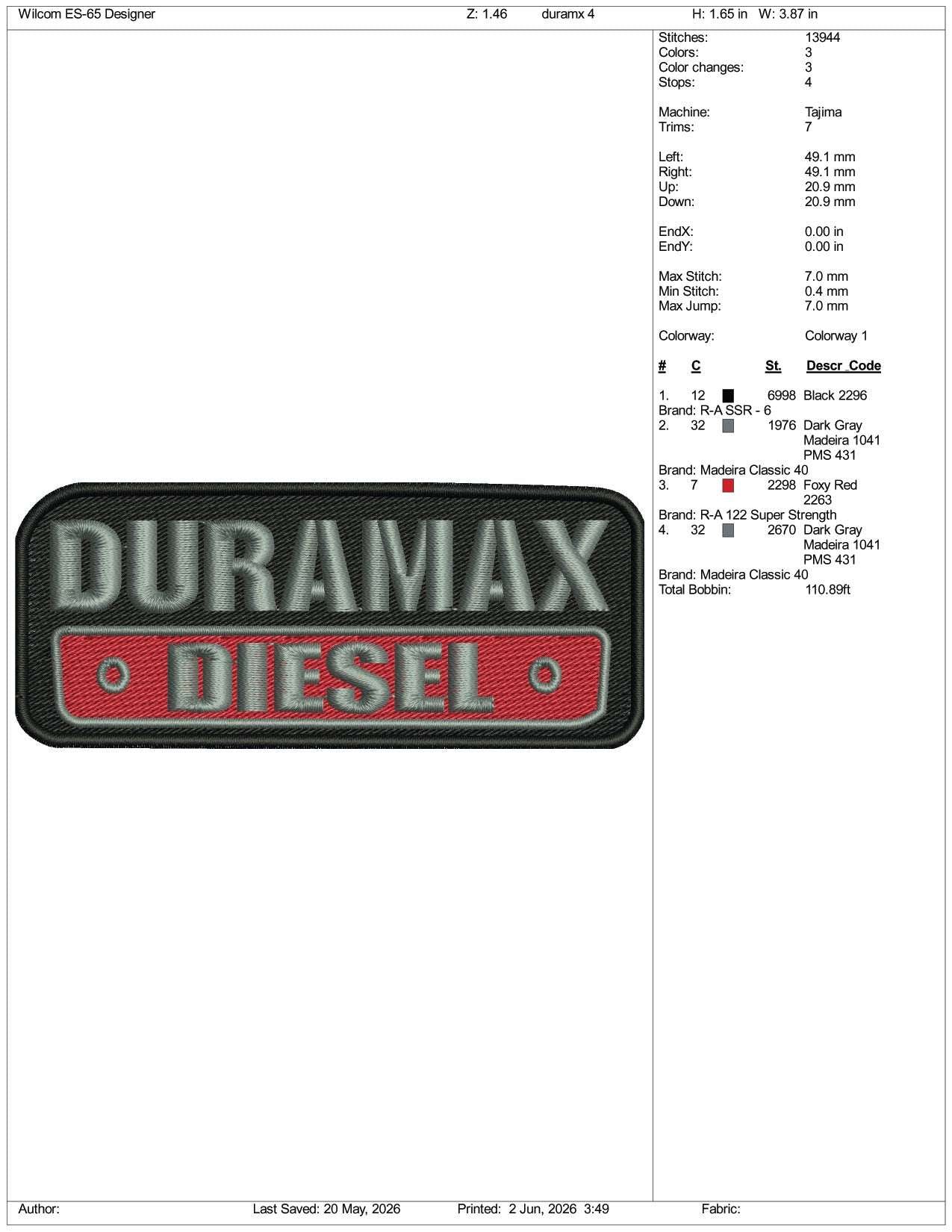 Duramax Diesel Logo Embroidery Design Files - 3 Size's