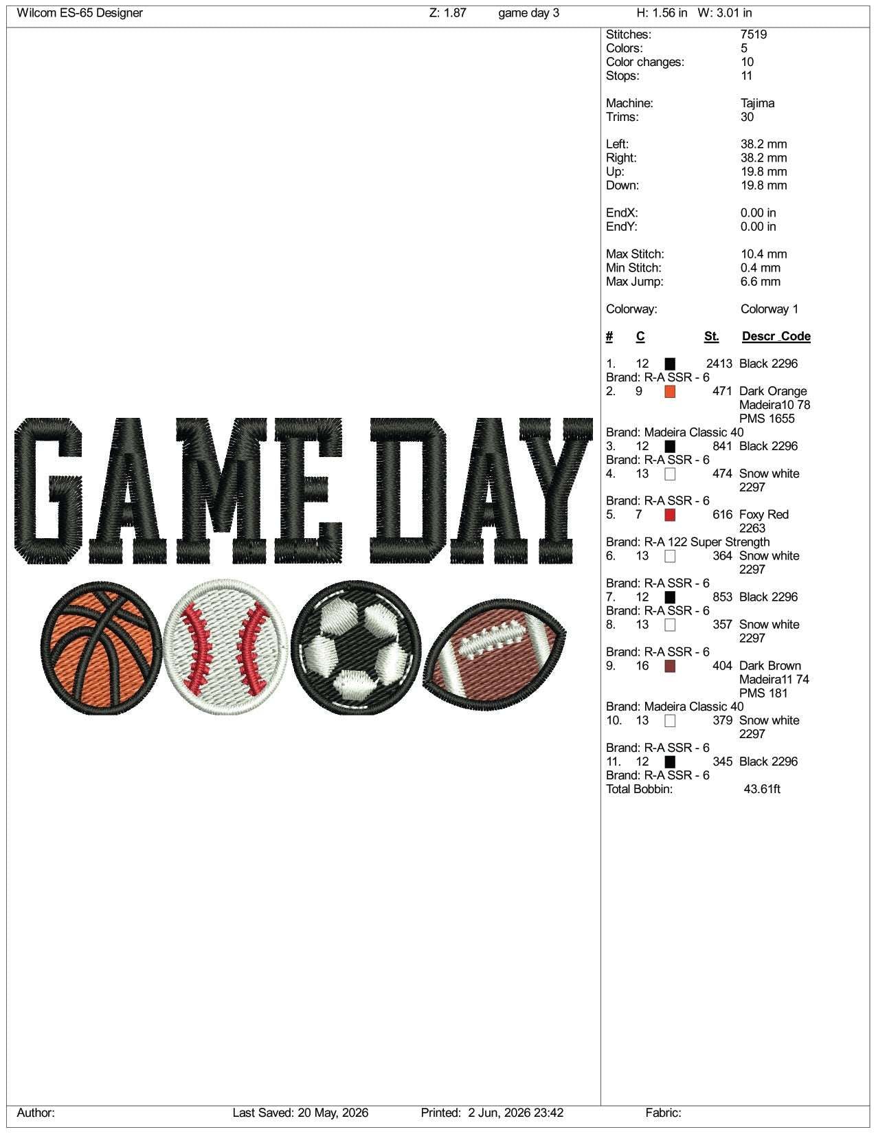 Game Day Embroidery Design Files - 3 Size's