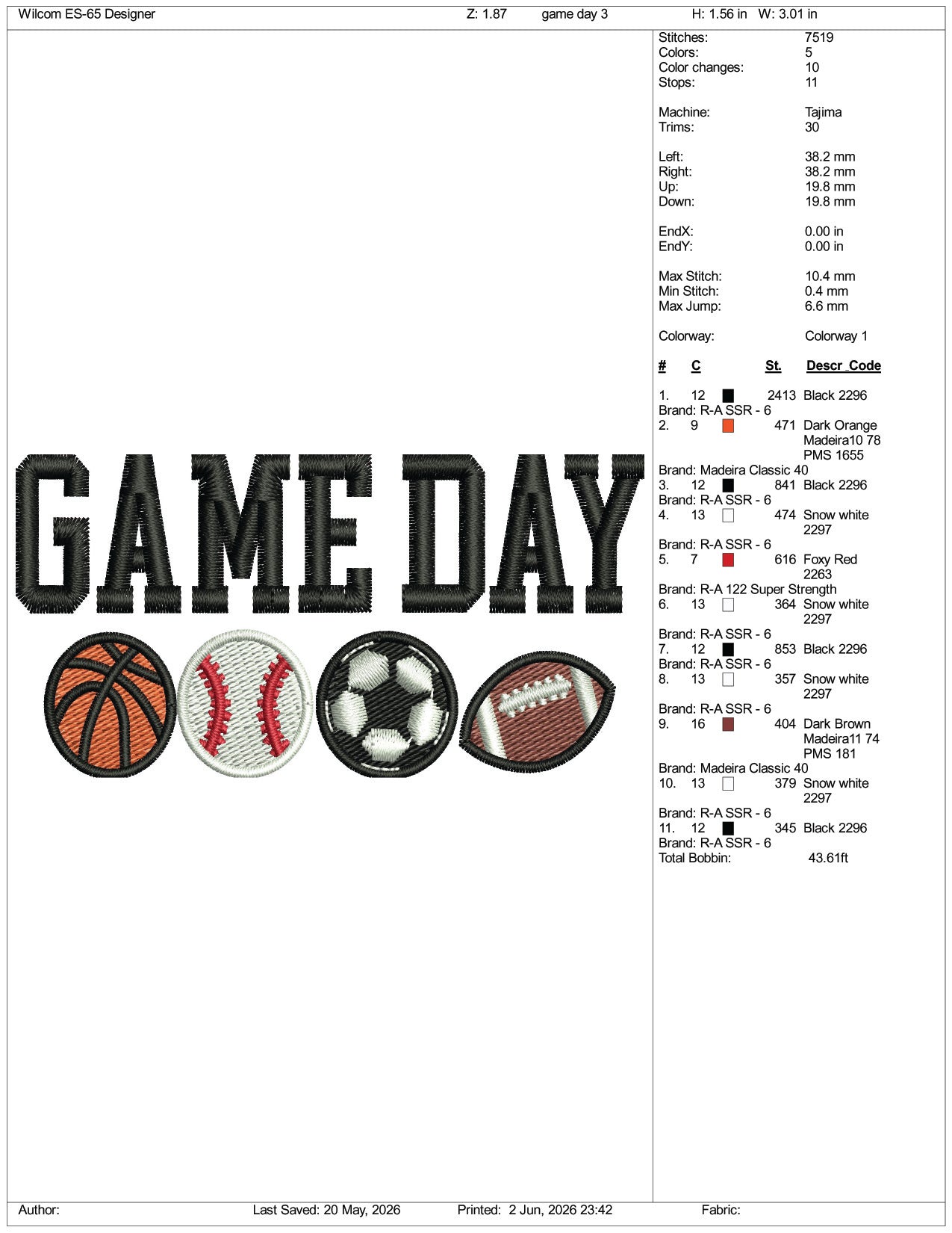 Game Day Embroidery Design Files - 3 Size's