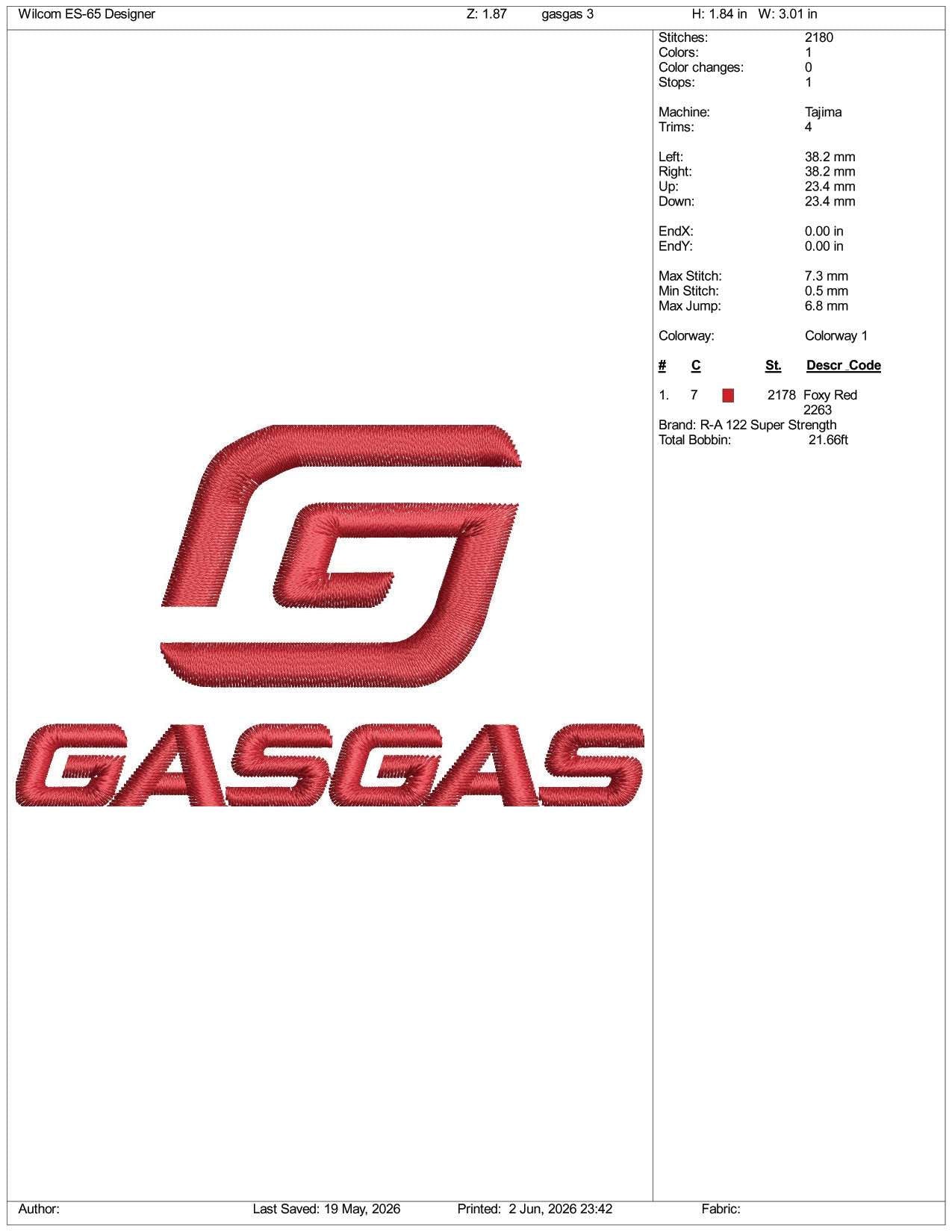 GasGas v2 Logo Embroidery Design Files - 3 Size's