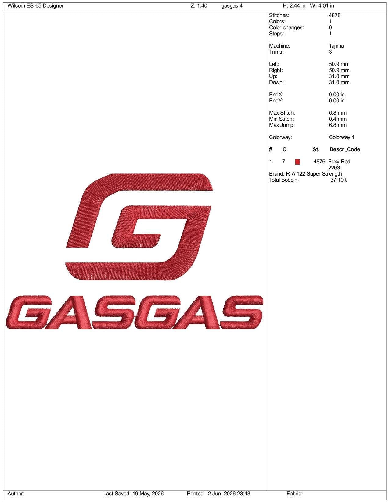GasGas v2 Logo Embroidery Design Files - 3 Size's