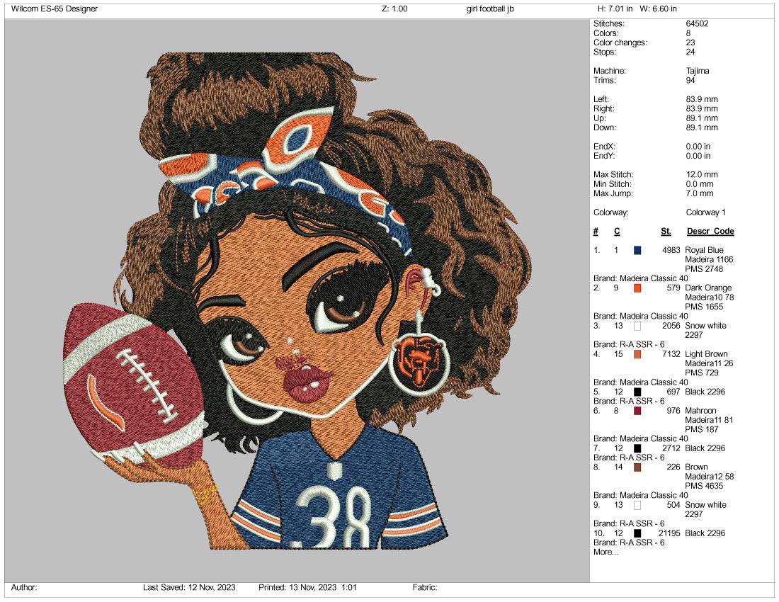 Football Girl Embroidery Design Files - 3 Size's